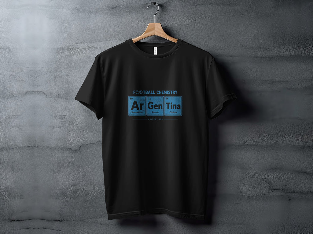 Black t-shirt with "Football Chemistry" and elements Ar, Gen, Tina.