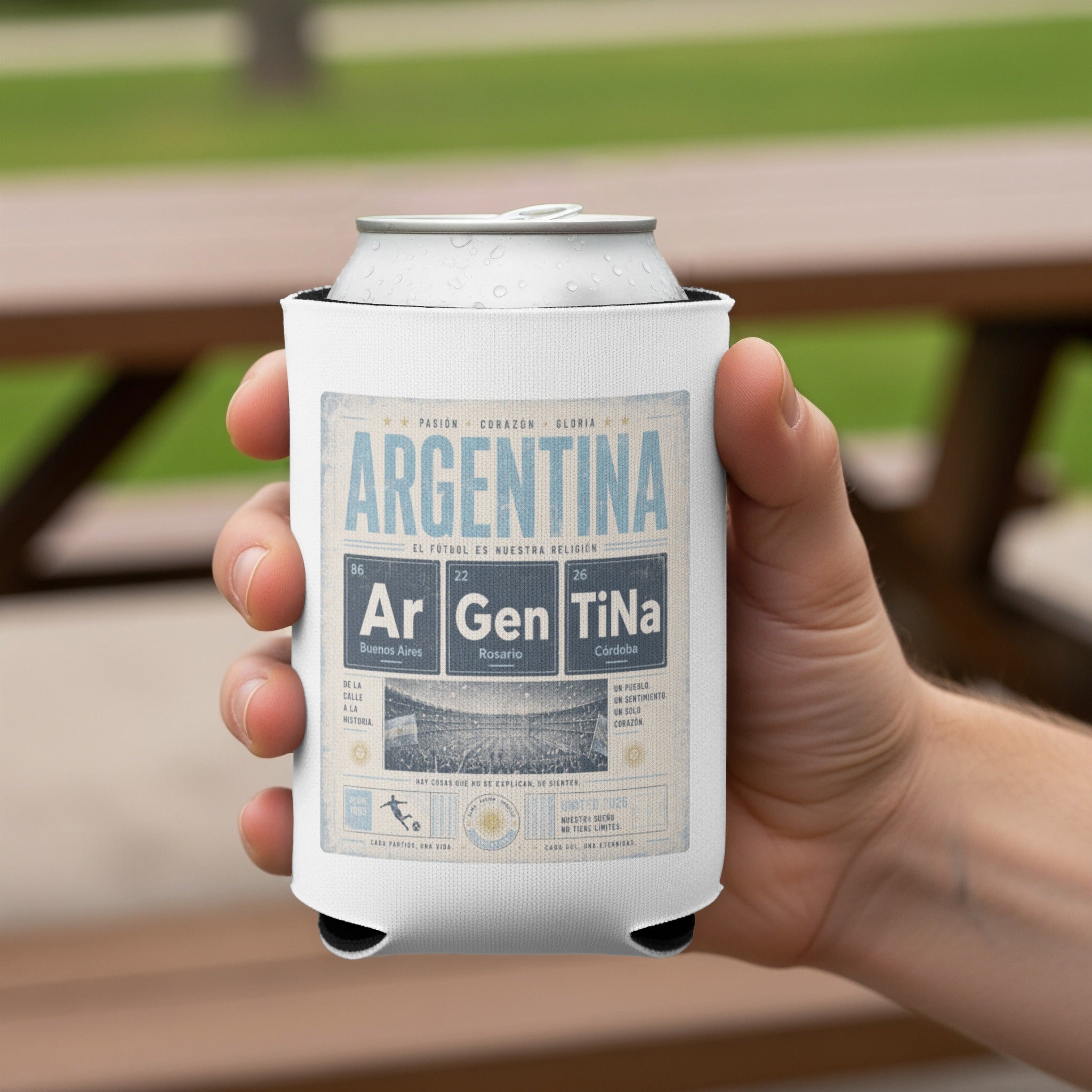 Argentina football can cooler with city names and stadium design.