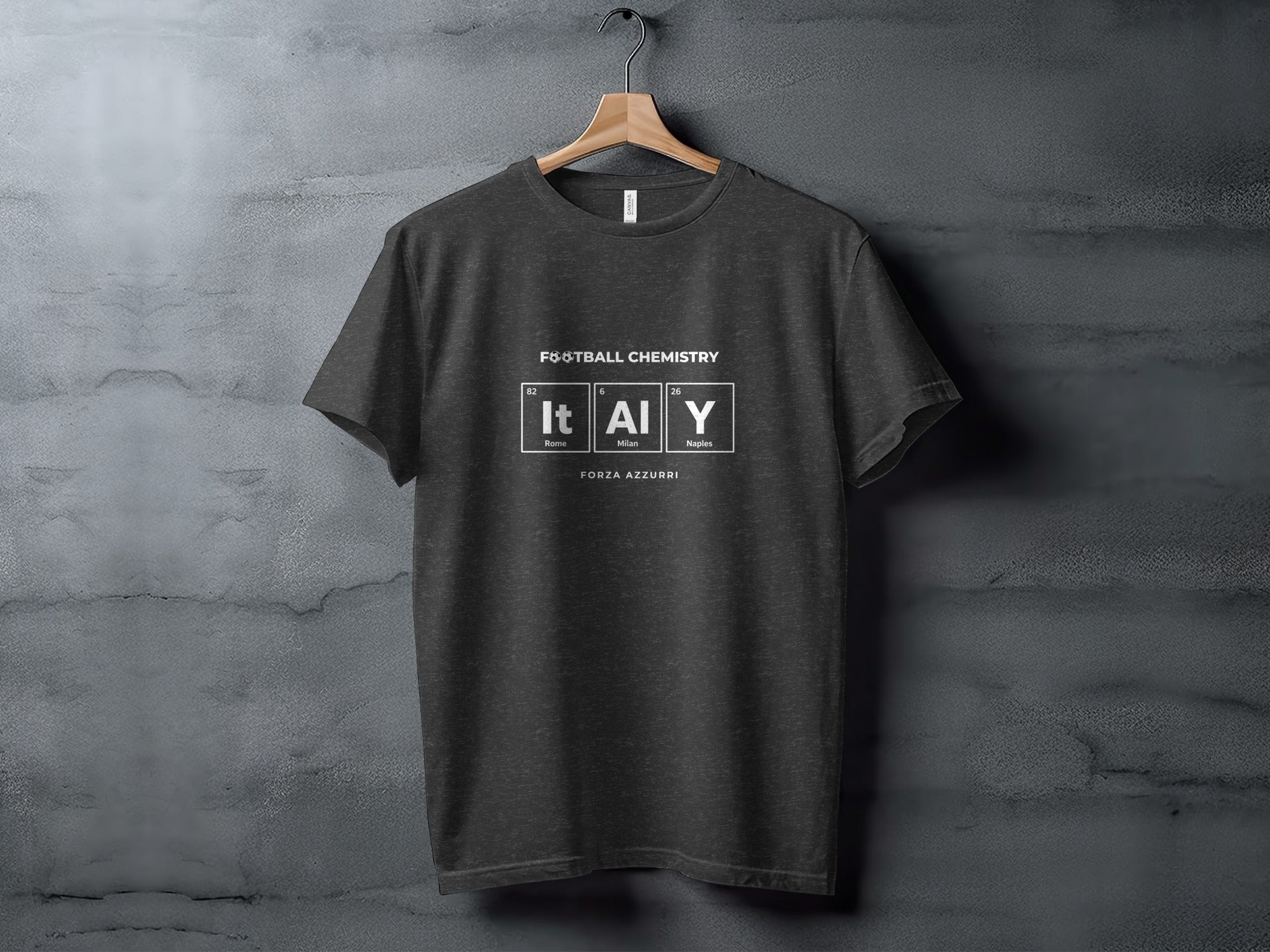 Dark grey t-shirt with "FOOTBALL CHEMISTRY" and "Italy" in periodic table style.