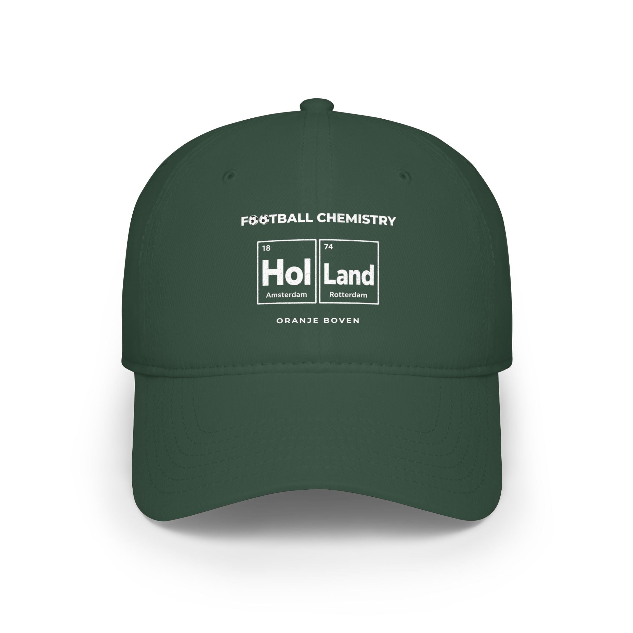 Green baseball cap with "FOOTBALL CHEMISTRY Hol Land" text and atomic elements.