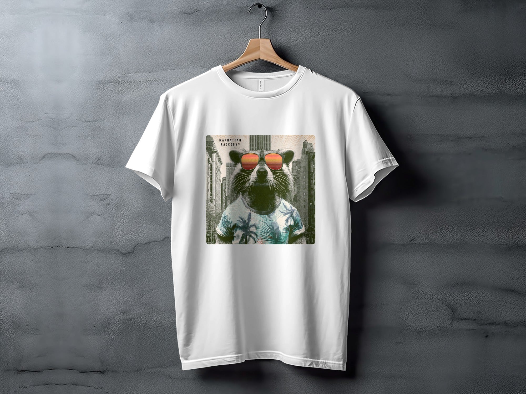 White t-shirt featuring a raccoon wearing sunglasses and a tropical shirt.