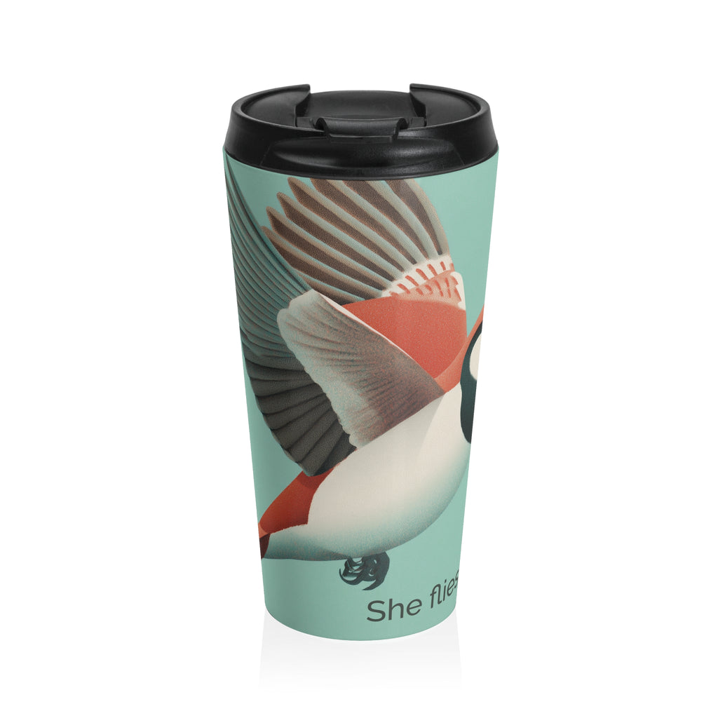 She Flies Forward Stainless Steel Travel Mug | Motivational Graphic Green Minimal
