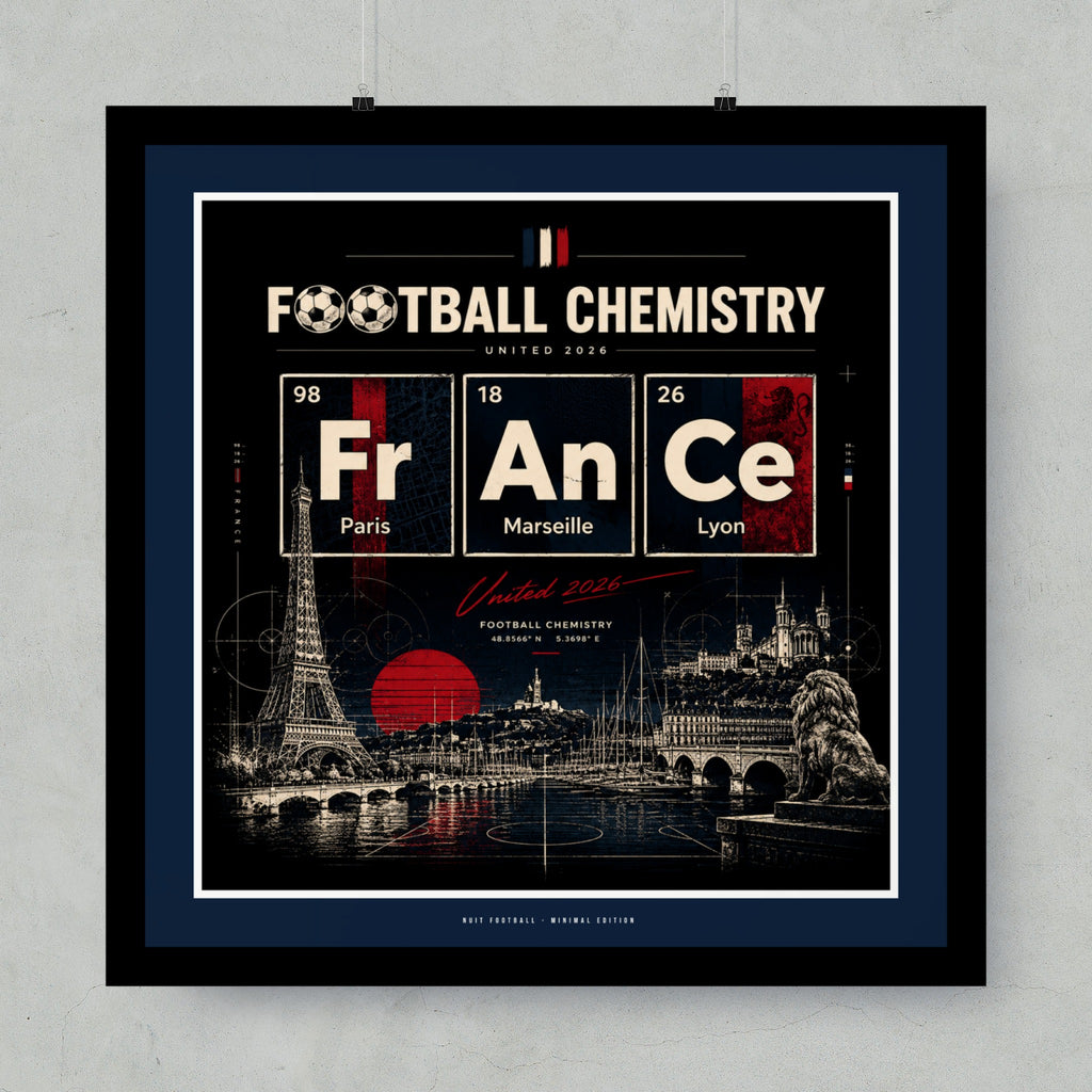 Football Chemistry poster for United 2026 featuring France, An, Ce elements and French cities.