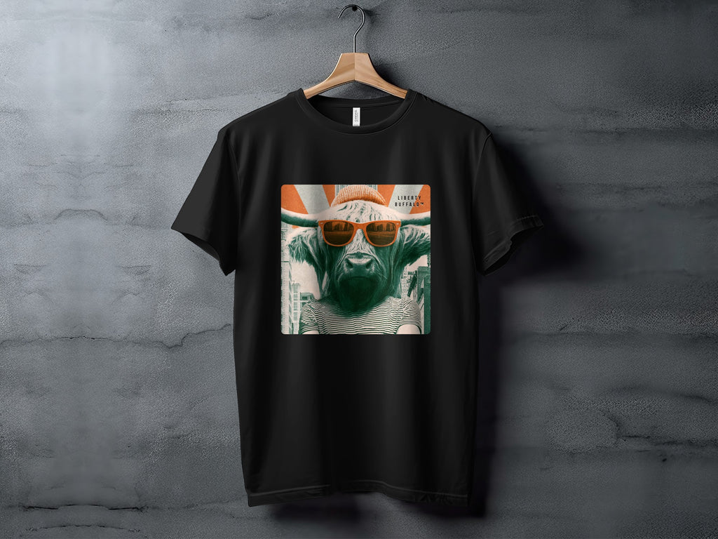 Black t-shirt featuring a buffalo wearing sunglasses and a hat.