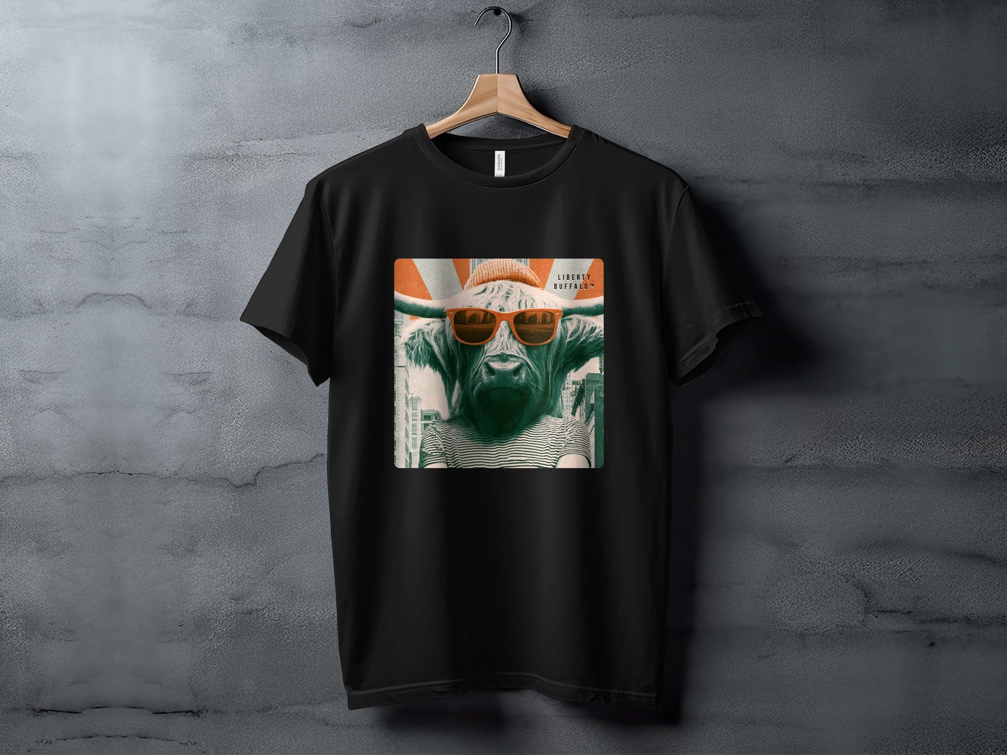 Black t-shirt featuring a buffalo wearing sunglasses and a hat.