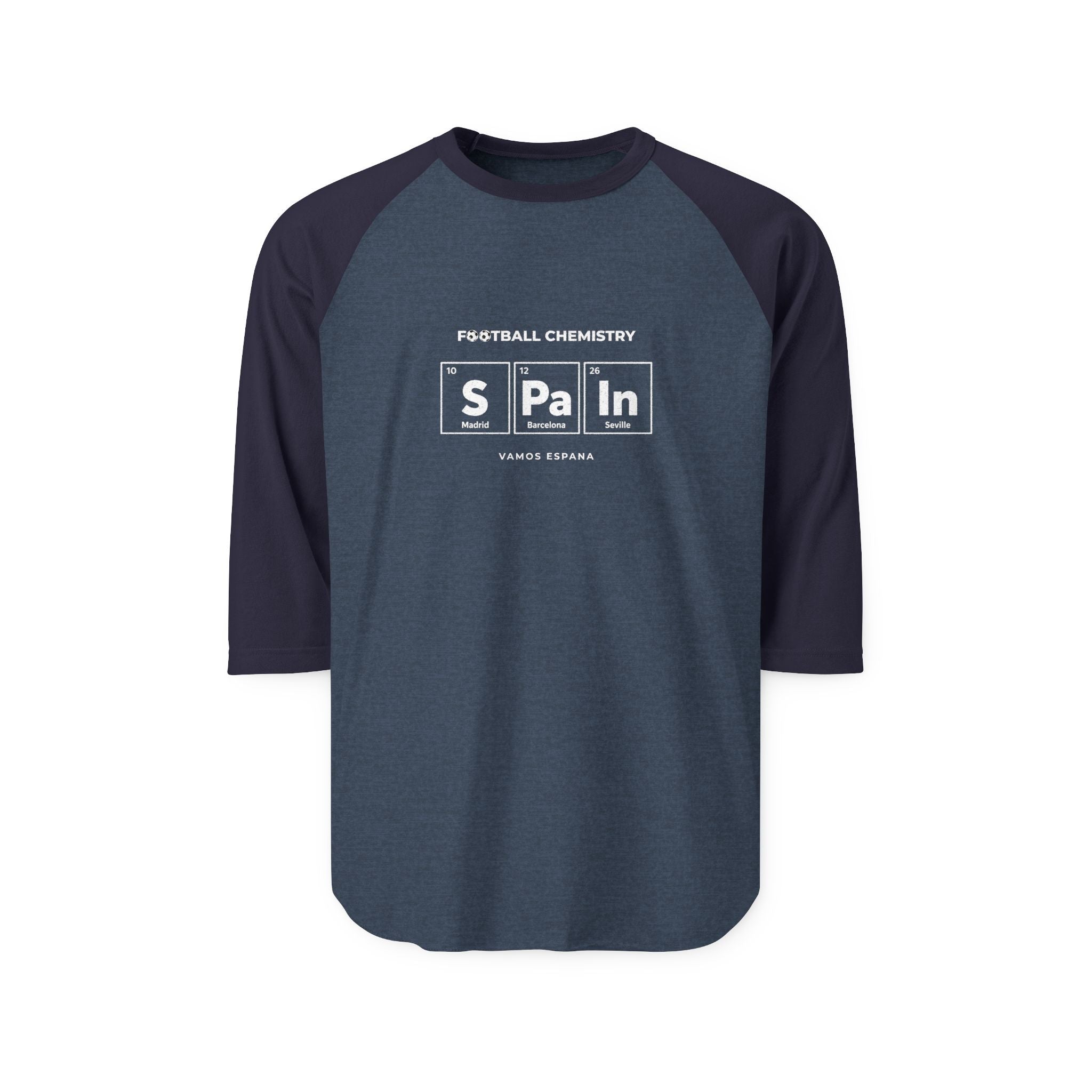 Baseball t-shirt with "FOOTBALL CHEMISTRY SPAIN" and city names.