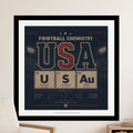 Football Chemistry USA poster with periodic table elements for New York, Los Angeles, and Miami.