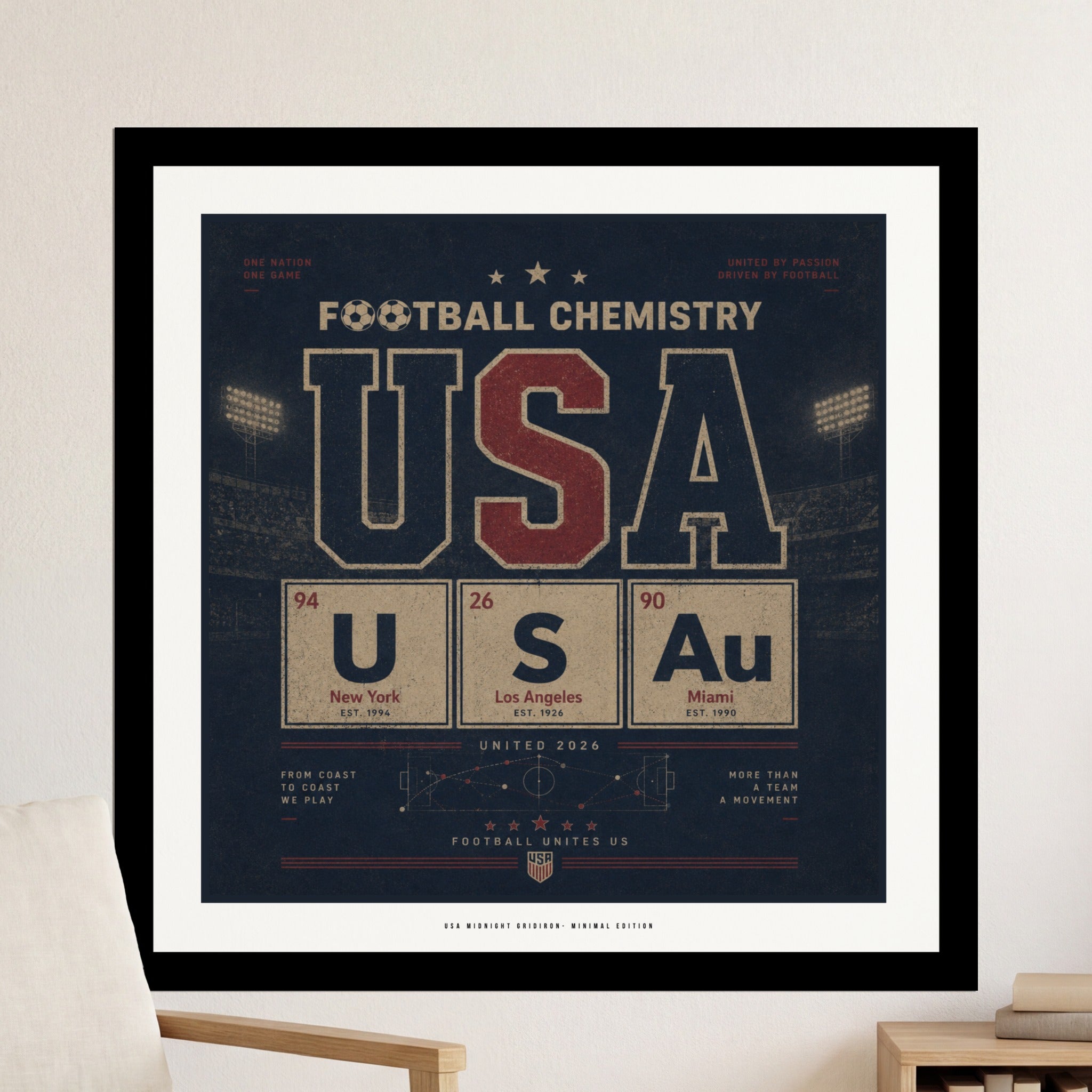 Football Chemistry USA poster with periodic table elements for New York, Los Angeles, and Miami.