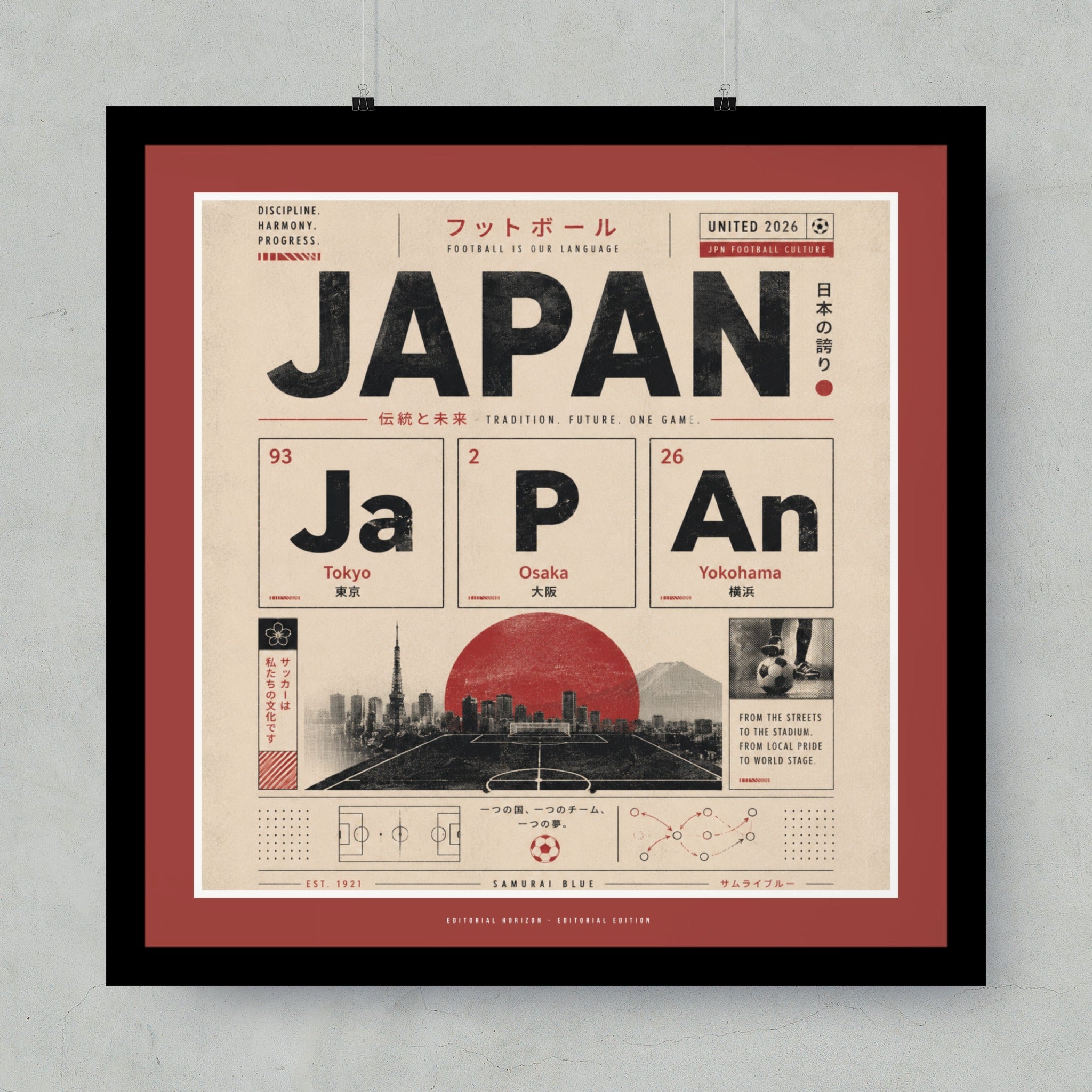 JAPAN football culture poster with periodic table elements for Tokyo, Osaka, Yokohama.