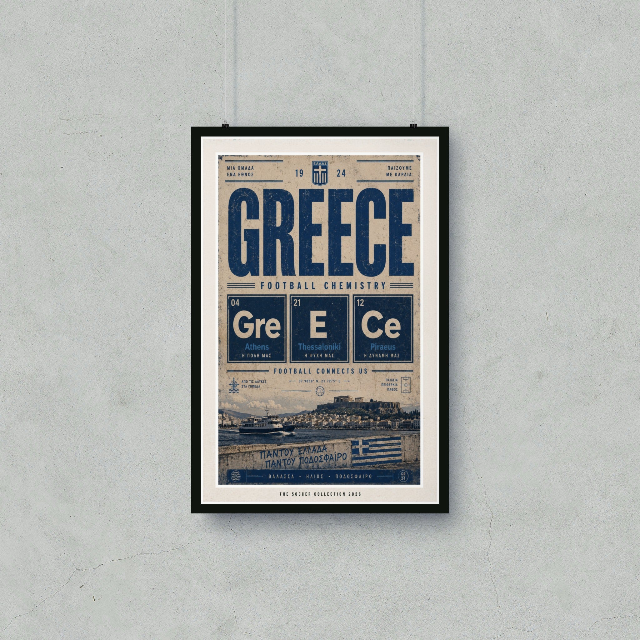 Greece Football Chemistry poster with city names and coordinates.