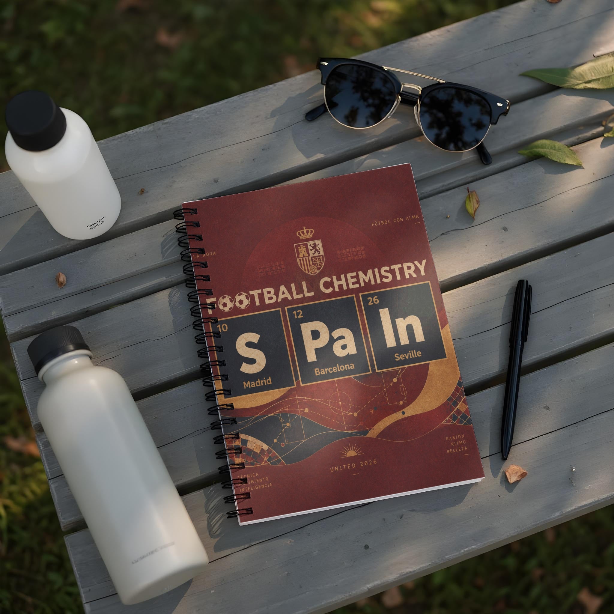 Football Chemistry notebook with Spain, Madrid, Barcelona, and Seville.