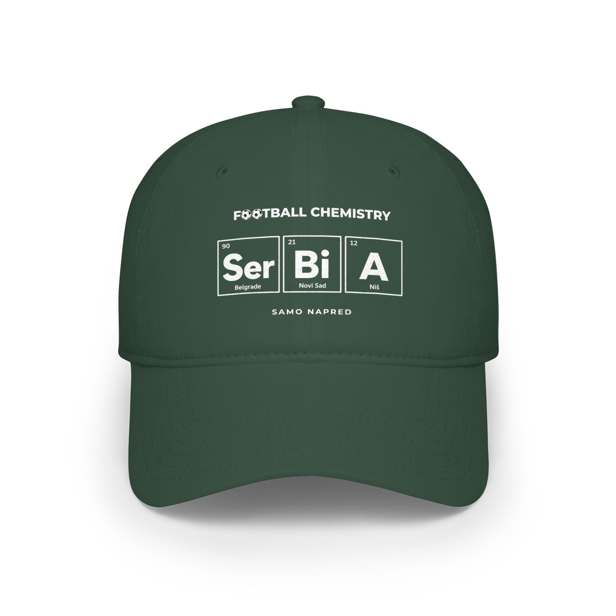 Dark green baseball cap with "FOOTBALL CHEMISTRY" and "Ser Bi A" science-style elements.