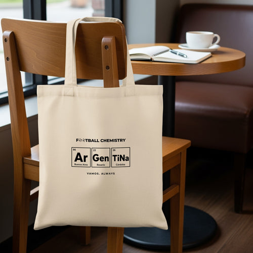 Tote bag with "Football Chemistry" and periodic table elements Ar Gen TiNa.