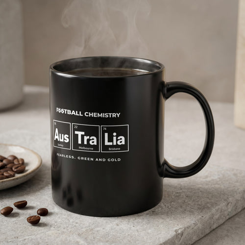 Black mug with "Football Chemistry" and "Australia" in periodic table style.