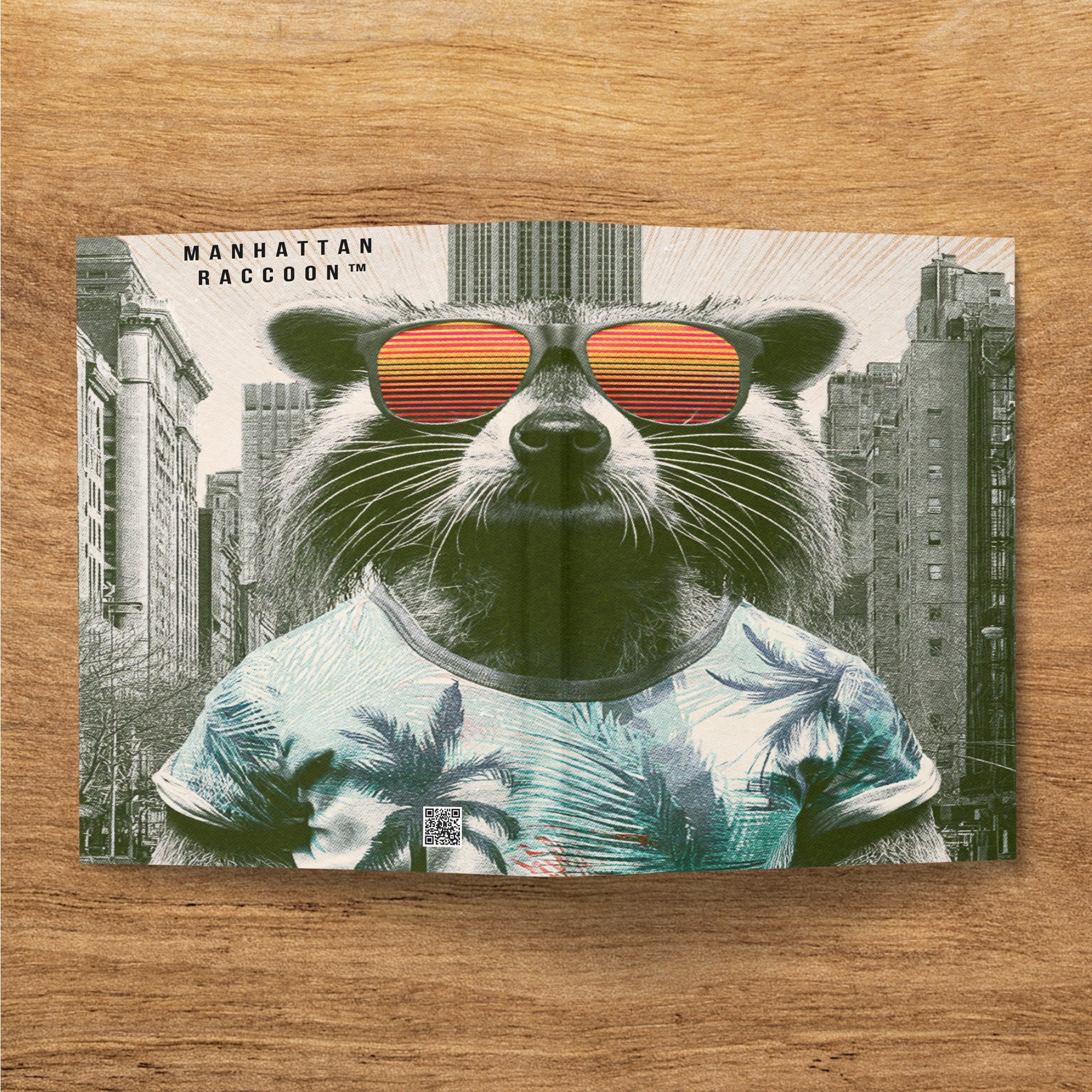 Manhattan Raccoon logo with raccoon wearing sunglasses and tropical shirt.