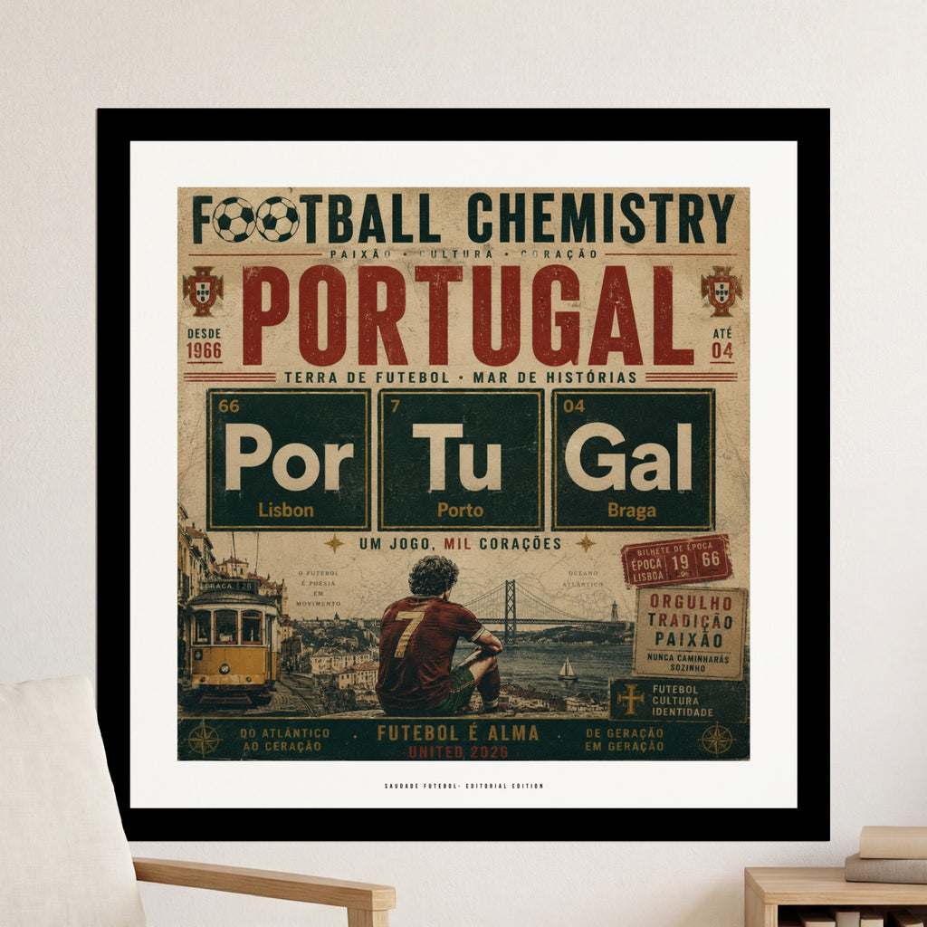 Poster with "Portugal: Terra de Futebol, Mar de Histórias" and football imagery.