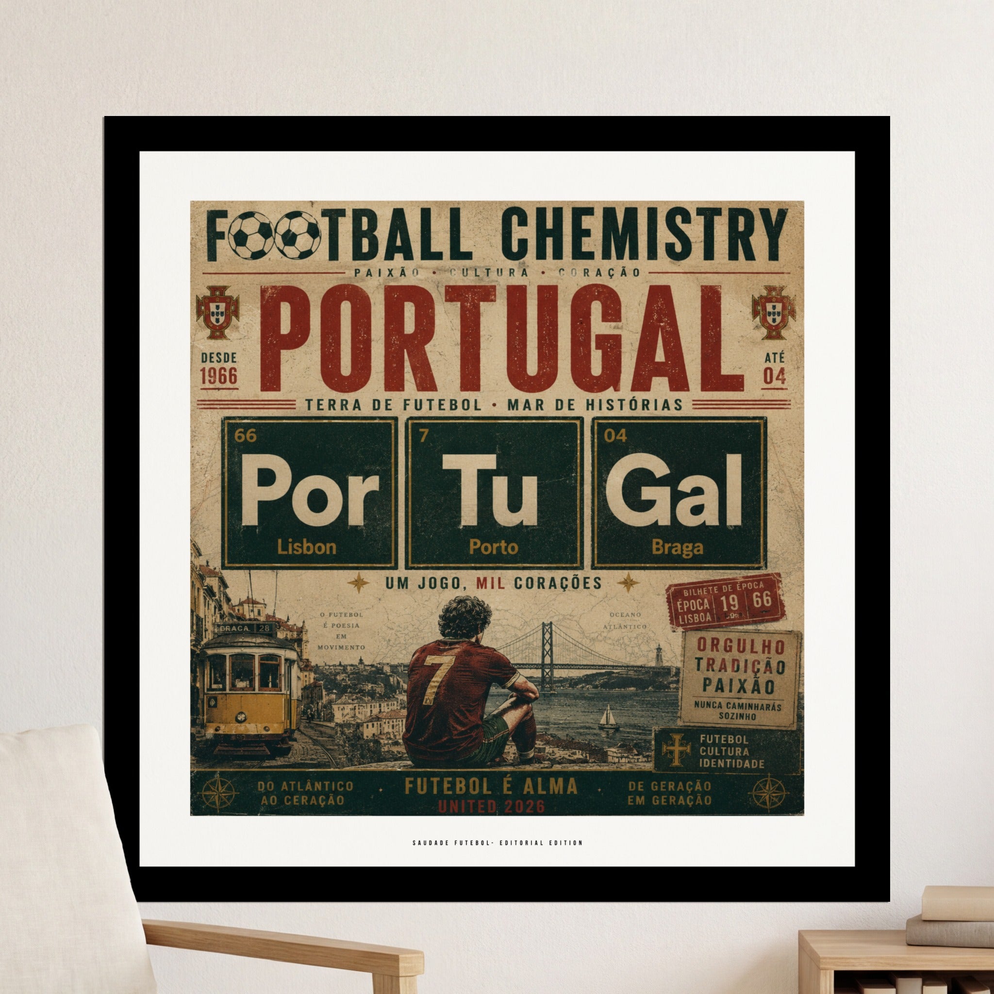 Poster with "Portugal: Terra de Futebol, Mar de Histórias" and football imagery.