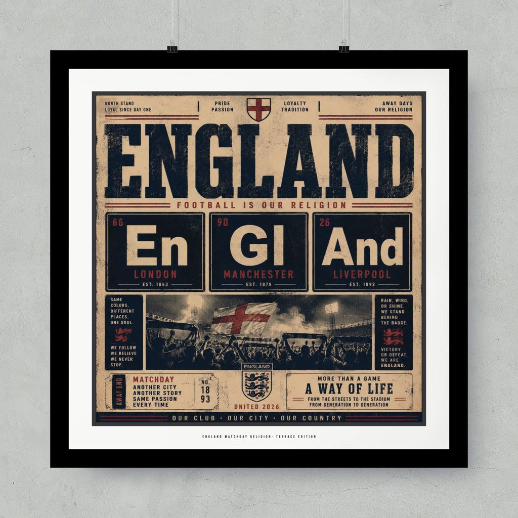 England Football Is Our Religion graphic with football stadium and text.