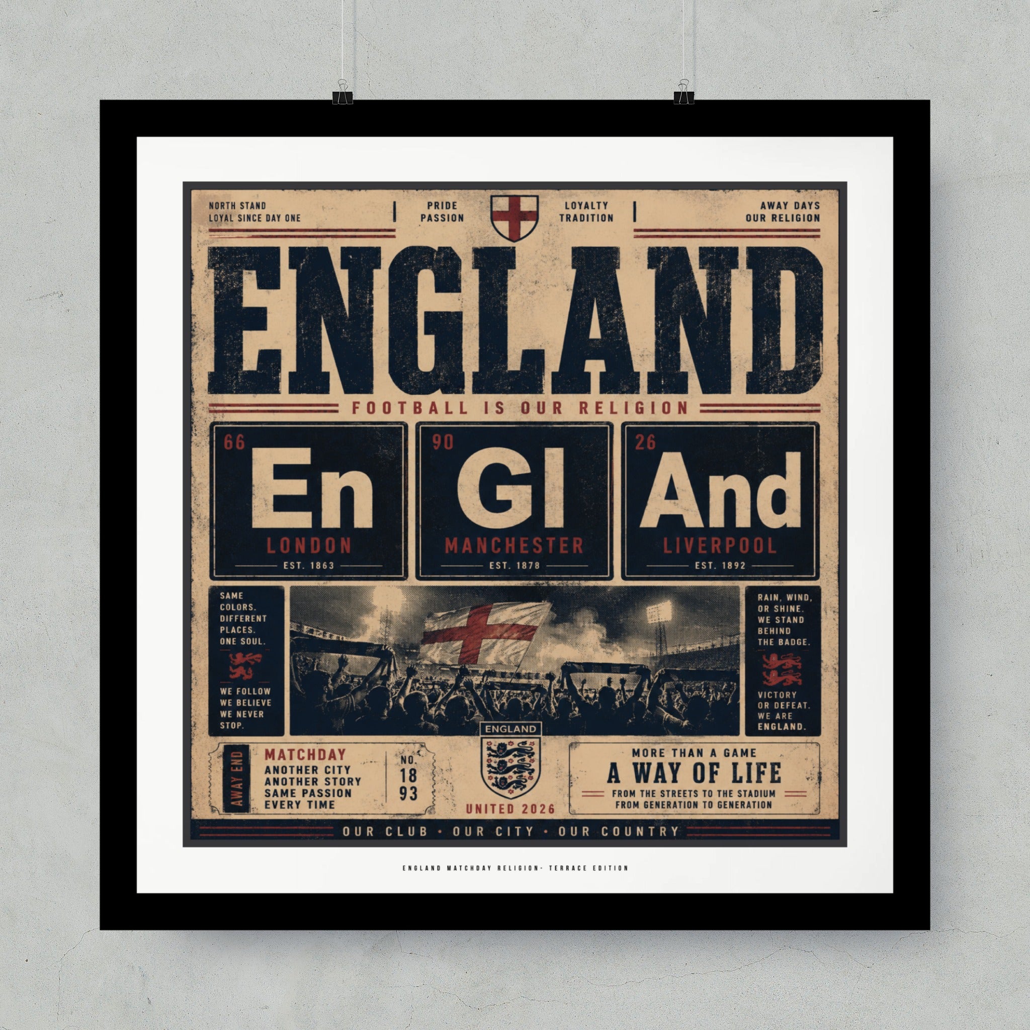 England Football Is Our Religion graphic with football stadium and text.