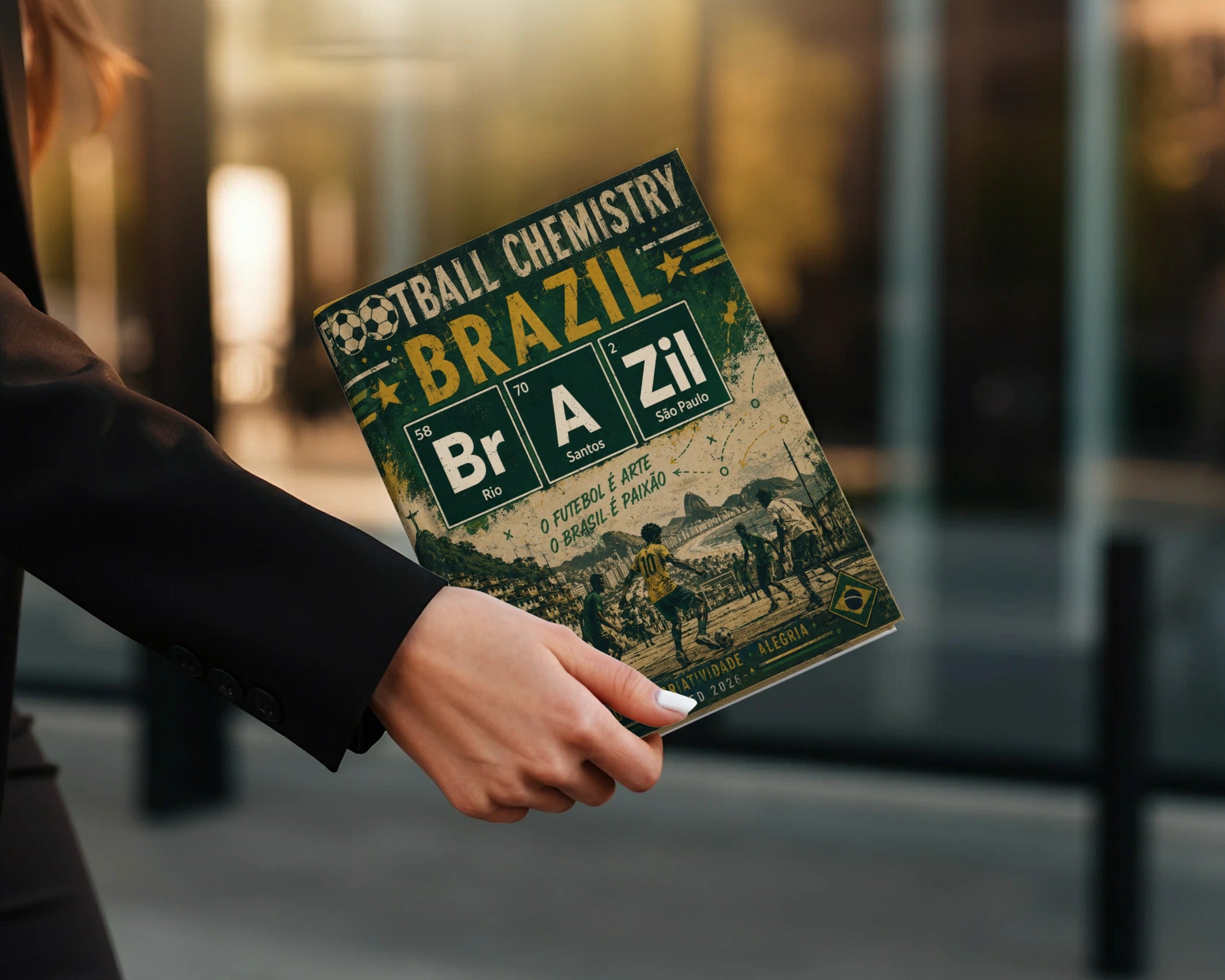 Book cover: Football Chemistry Brazil, with soccer players and text.