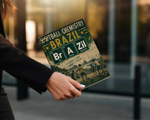 Book cover: Football Chemistry Brazil, with soccer players and text.
