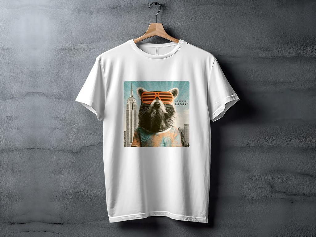 White t-shirt with graphic of raccoon wearing sunglasses in front of Empire State Building.