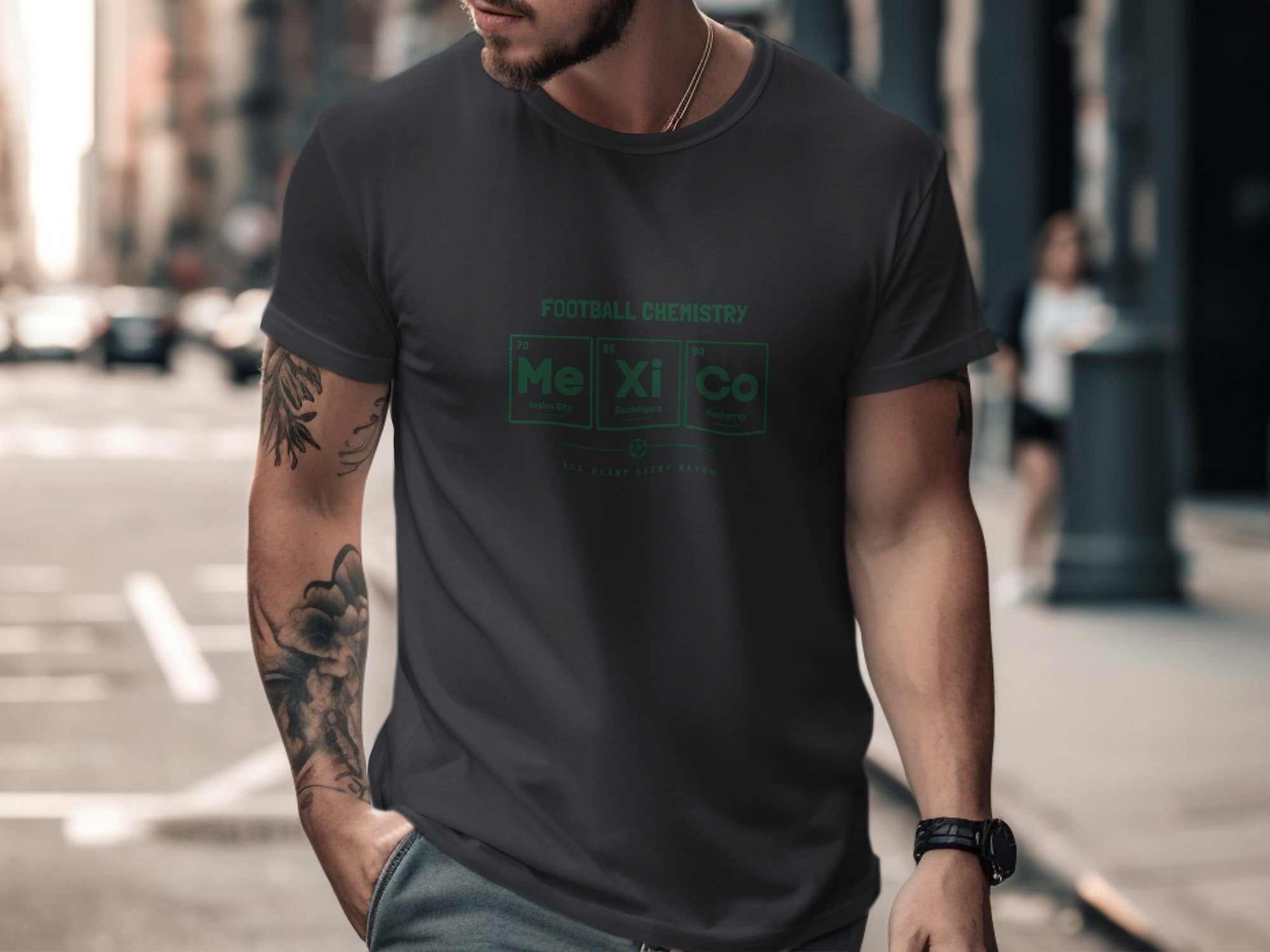 Dark t-shirt with "FOOTBALL CHEMISTRY" and elements representing Mexican cities.