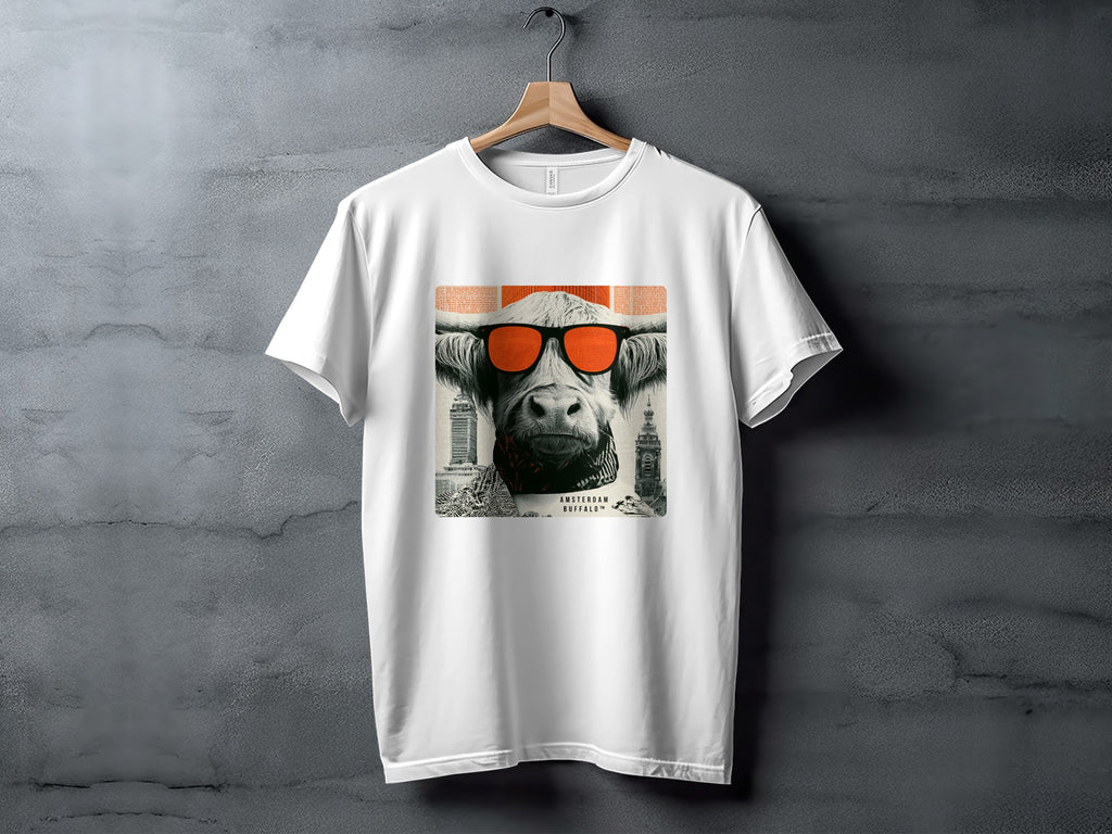 White t-shirt with graphic of a bull wearing sunglasses and Amsterdam skyline.