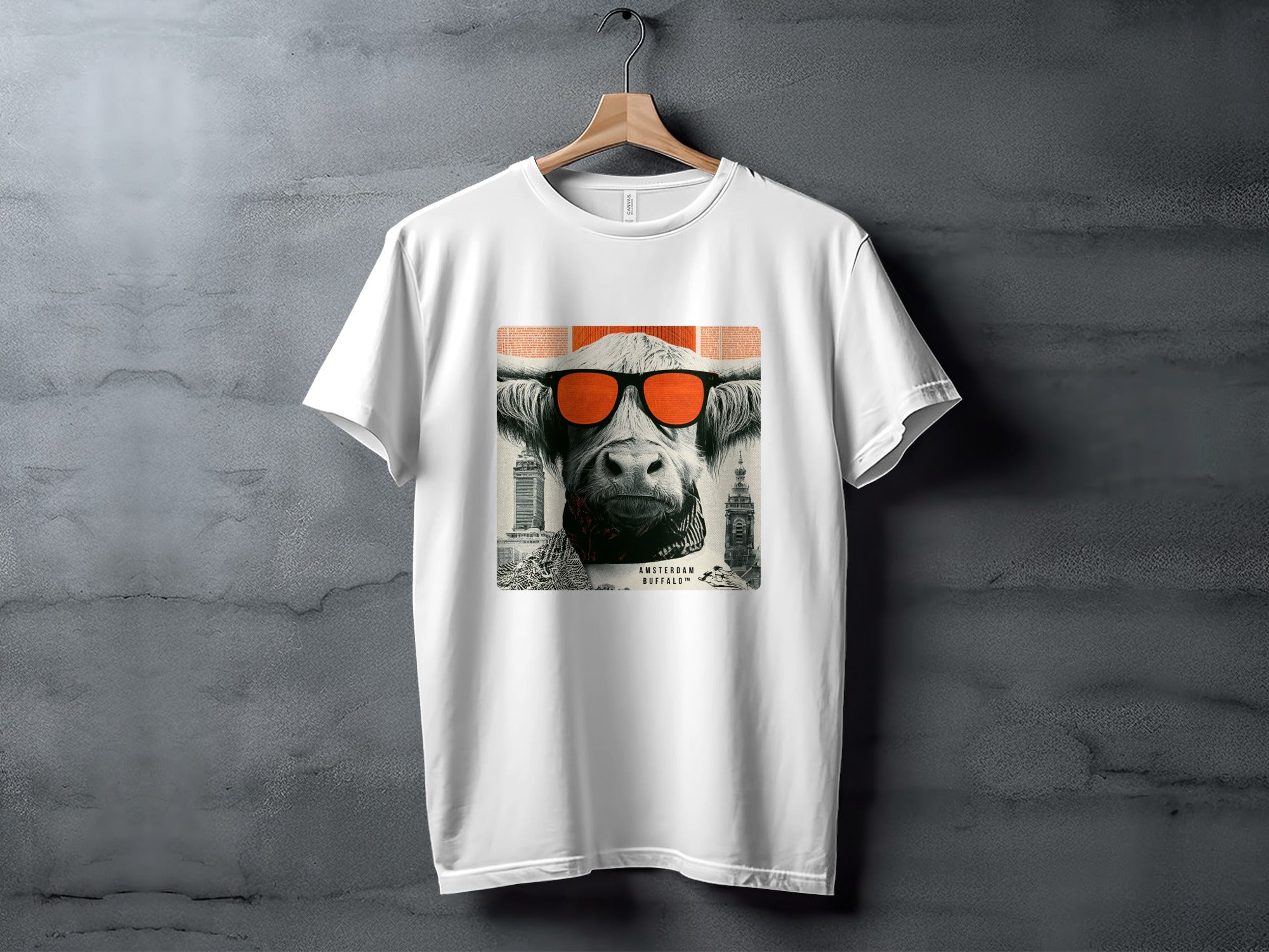 White t-shirt with graphic of a bull wearing sunglasses and Amsterdam skyline.