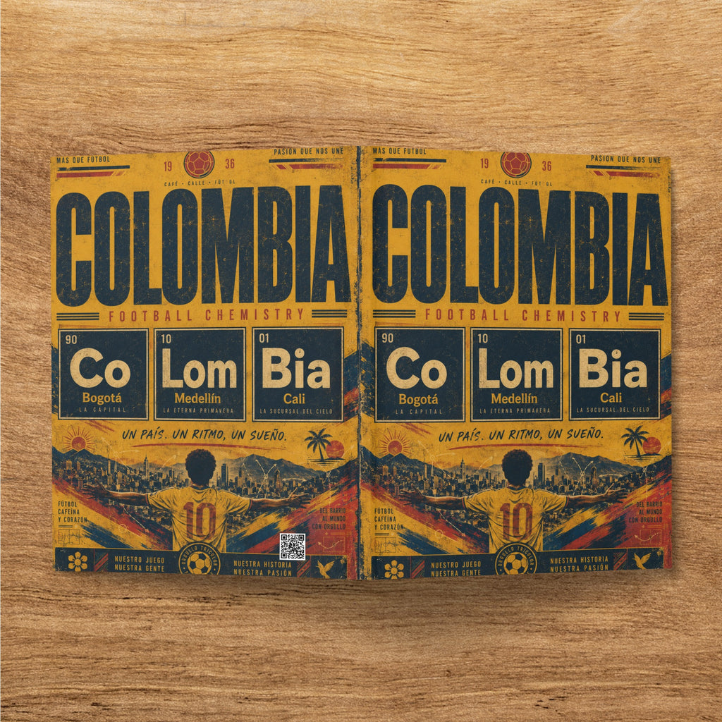 "Colombia Football Chemistry" graphic with map outlines of Colombia and city names.