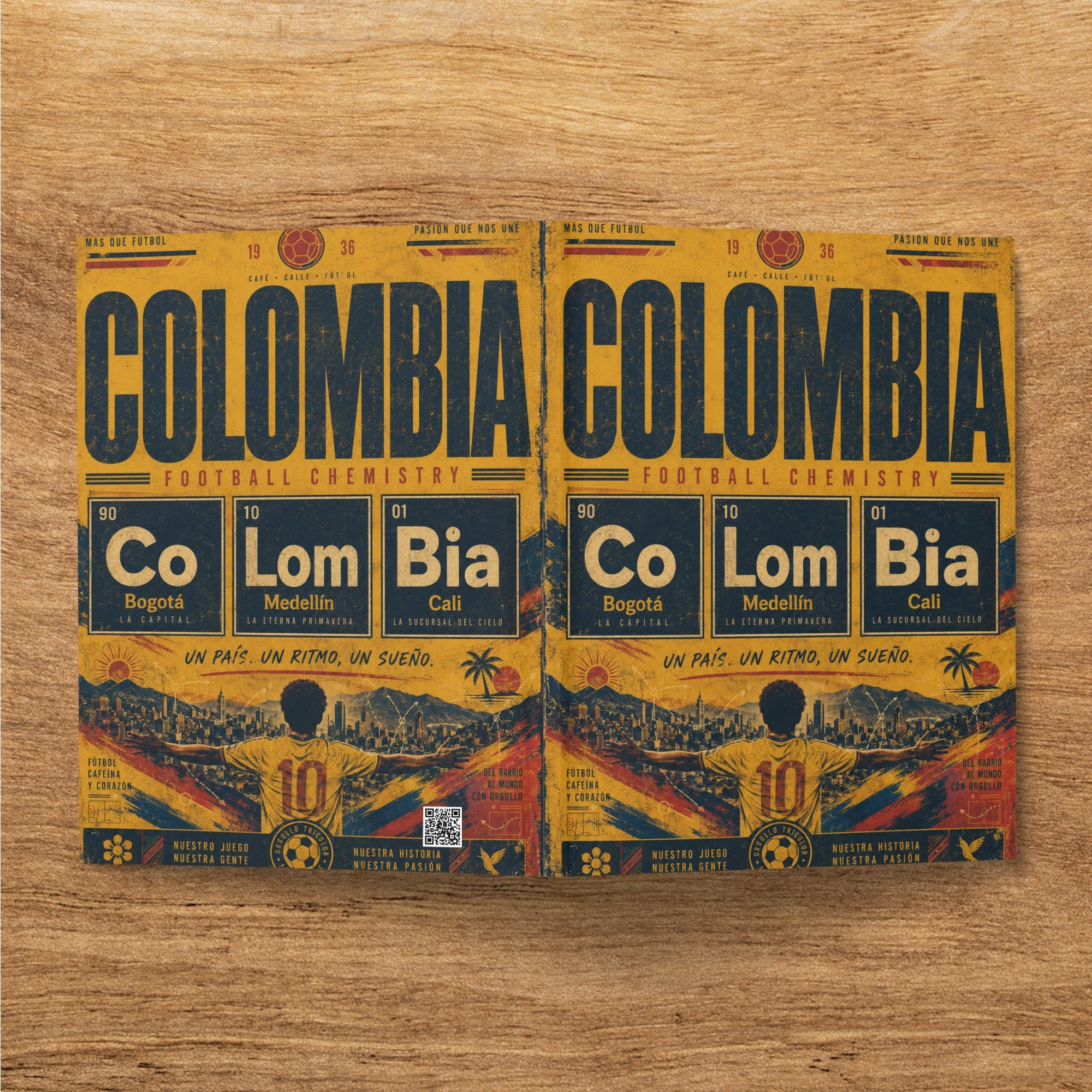 "Colombia Football Chemistry" graphic with map outlines of Colombia and city names.
