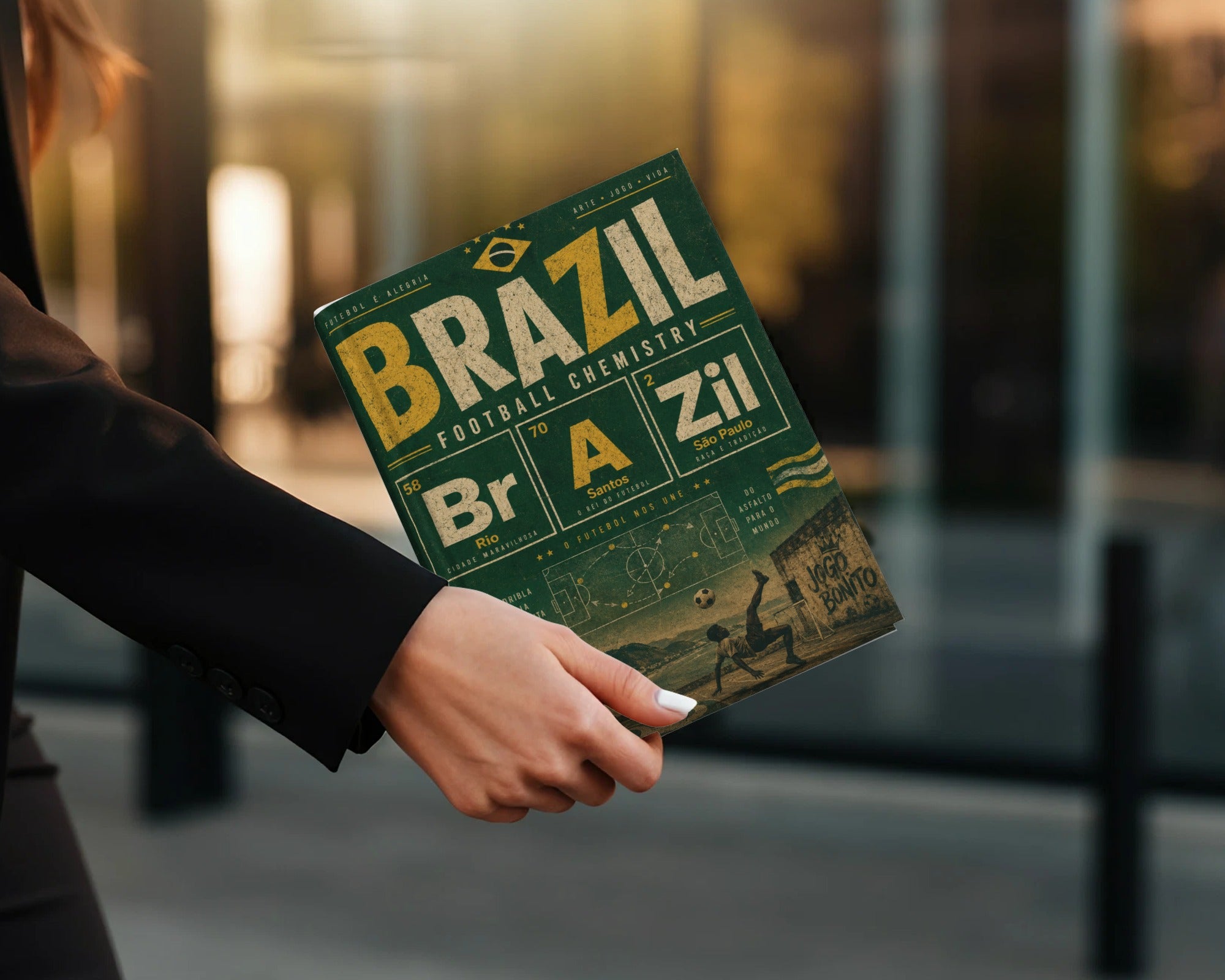 Brazil Football Chemistry magazine cover with text and soccer imagery.