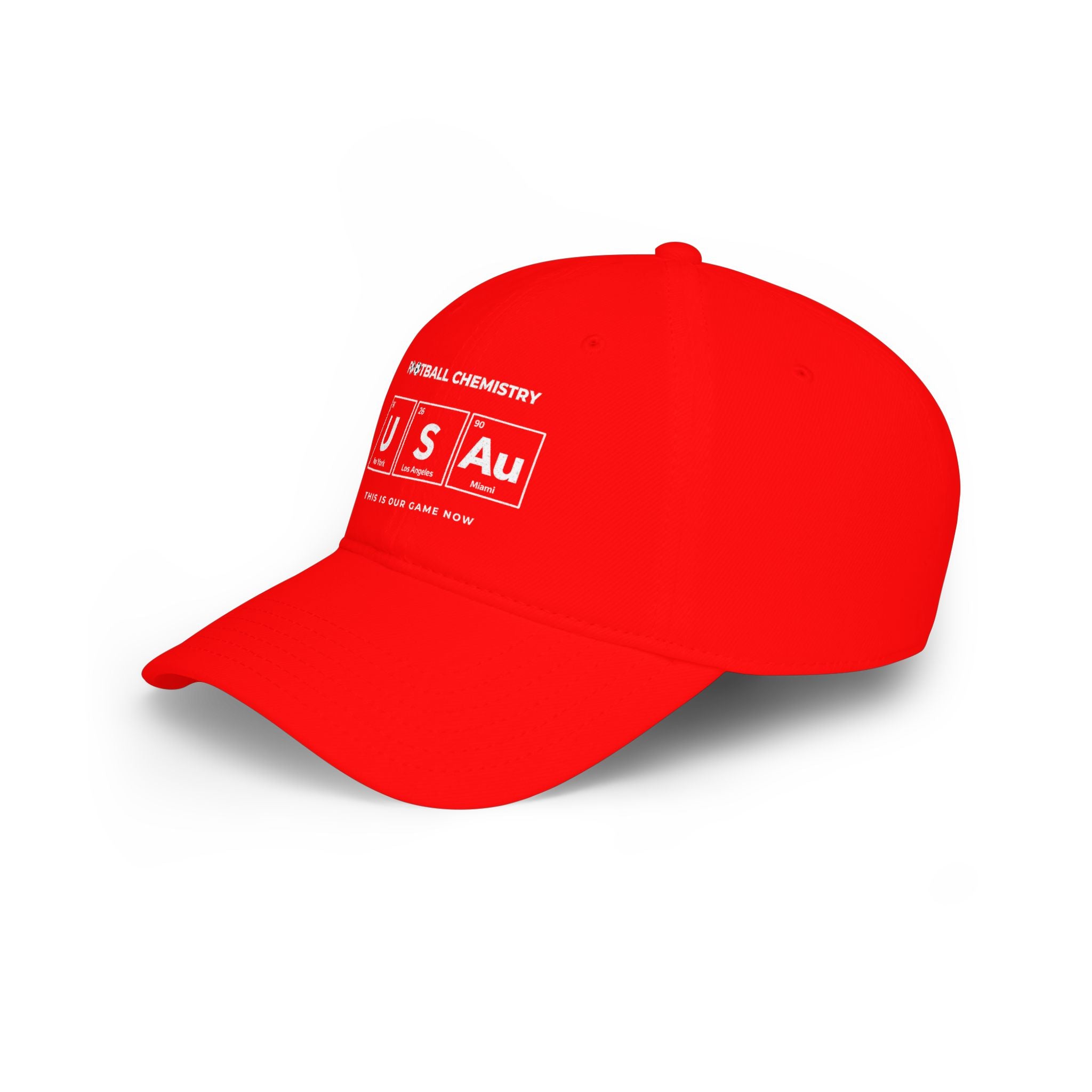 Red baseball cap with "US Au" and "FOOTBALL CHEMISTRY" text.