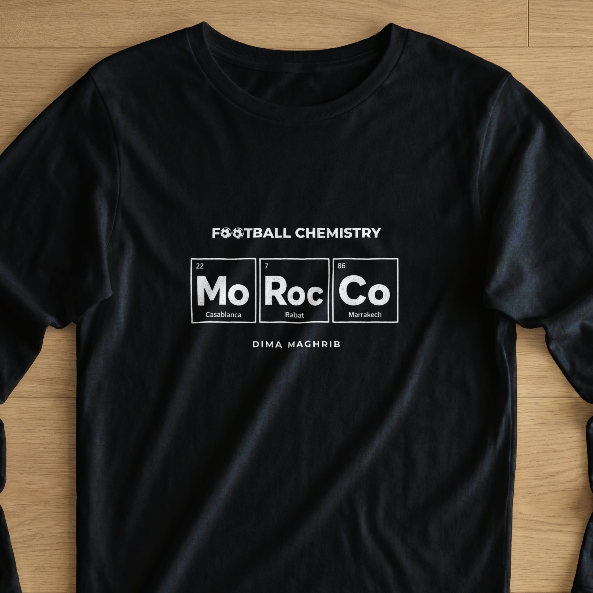 Black t-shirt with "Football Chemistry" and periodic table elements for Morocco.