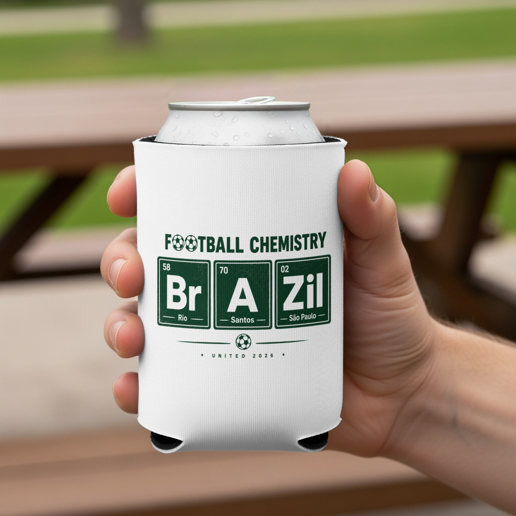 Can cooler with "Football Chemistry" and periodic table elements: Br, A, Zil.