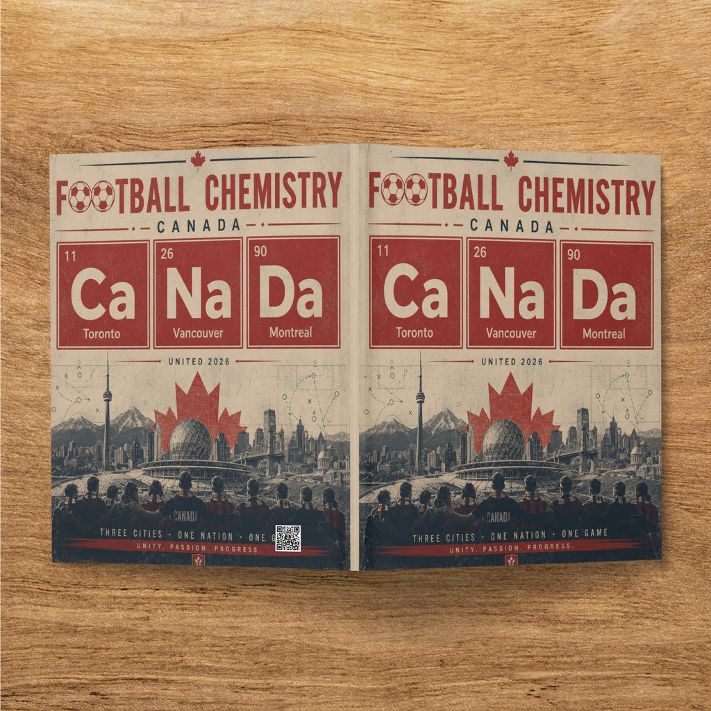 Football Chemistry Canada poster featuring periodic table elements for Toronto, Vancouver, Montreal.