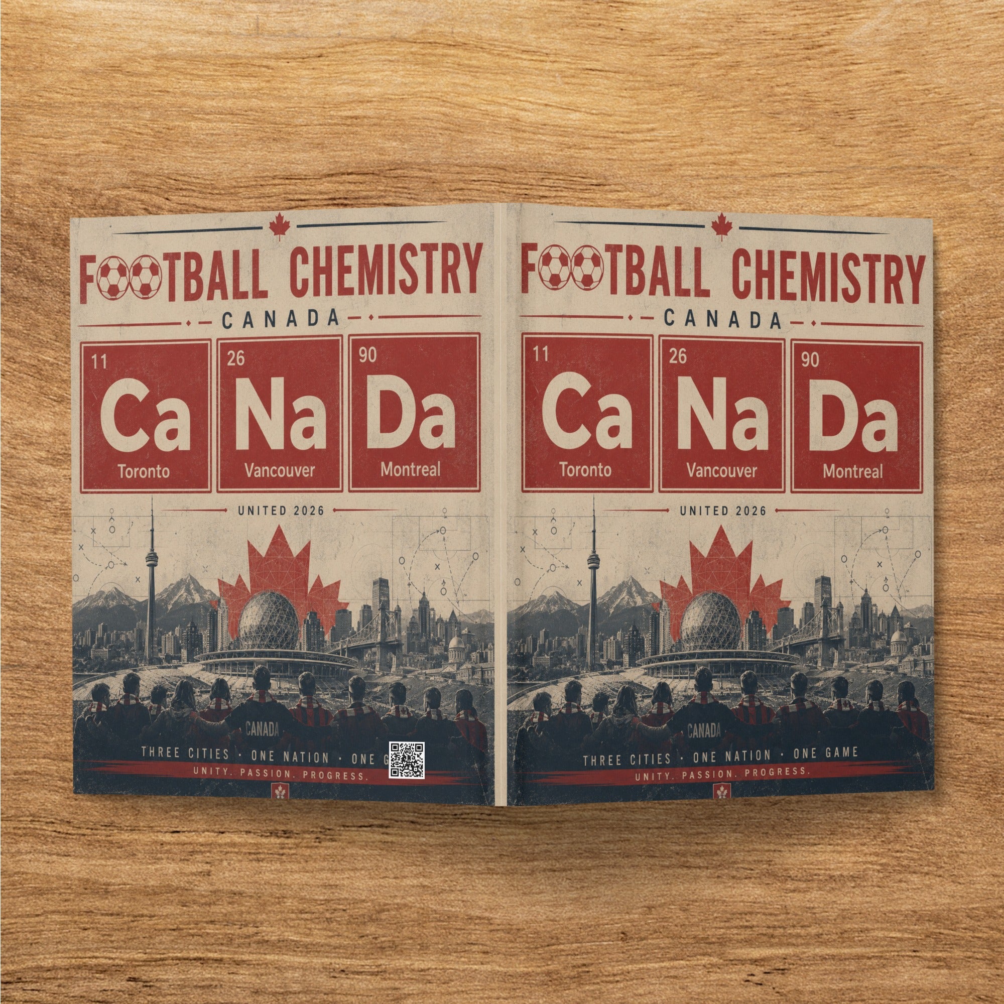 Football Chemistry Canada poster featuring periodic table elements for Toronto, Vancouver, Montreal.