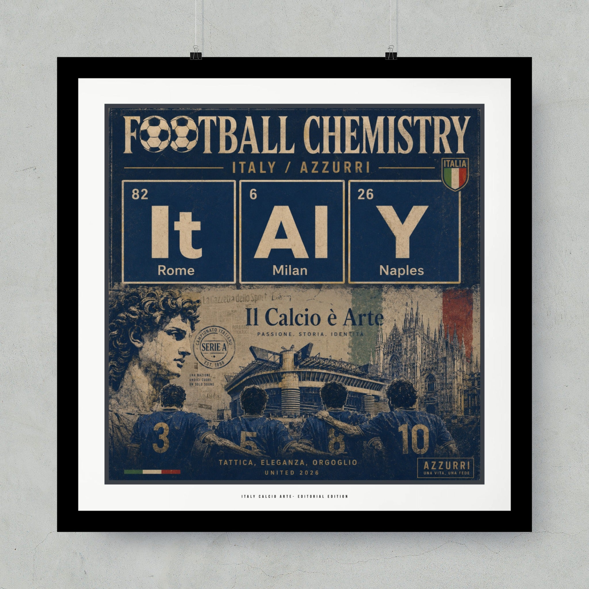 Football Chemistry Italy Azzurri poster with periodic table elements for Rome, Milan, Naples.