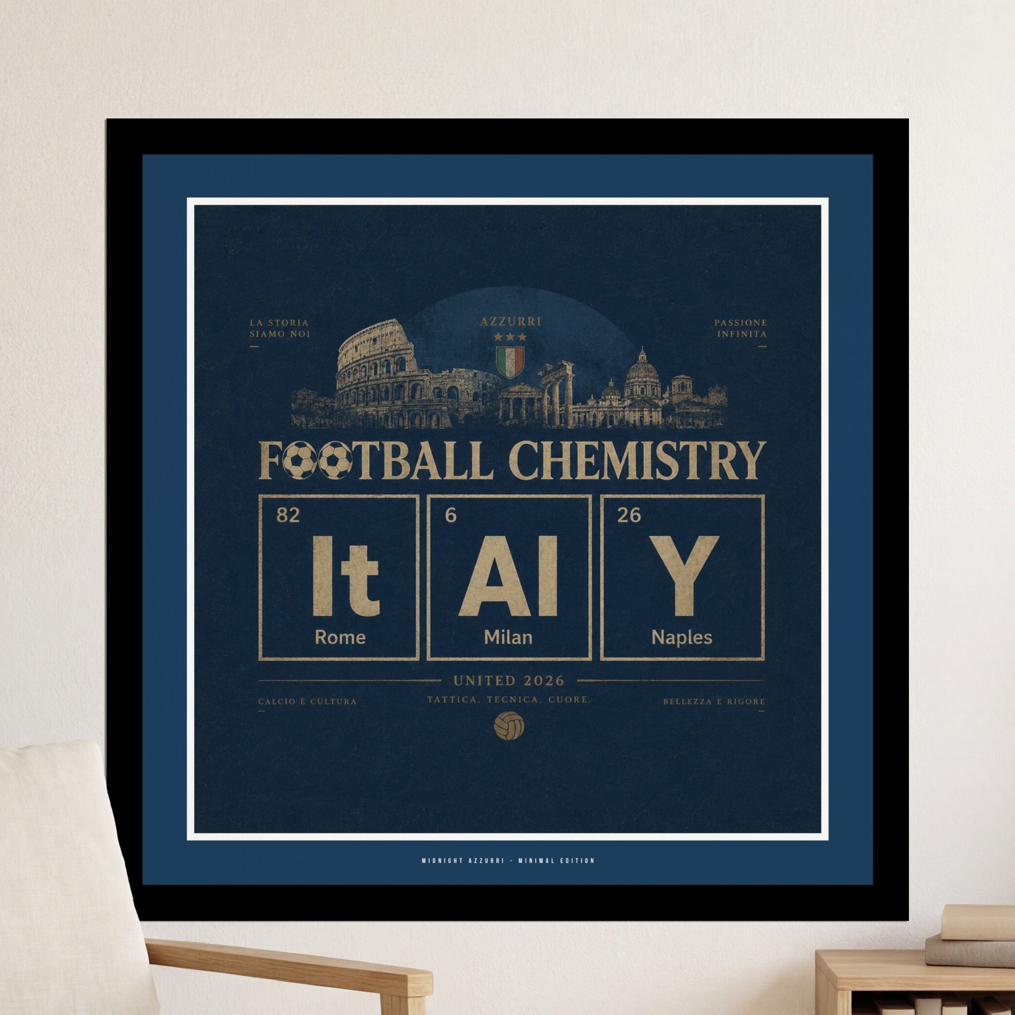 Football Chemistry artwork with Italy, Rome, Milan, Naples, and Azzurri elements.