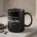 Black mug with "FOOTBALL CHEMISTRY" and "Ni Ge Ria" in periodic table style.