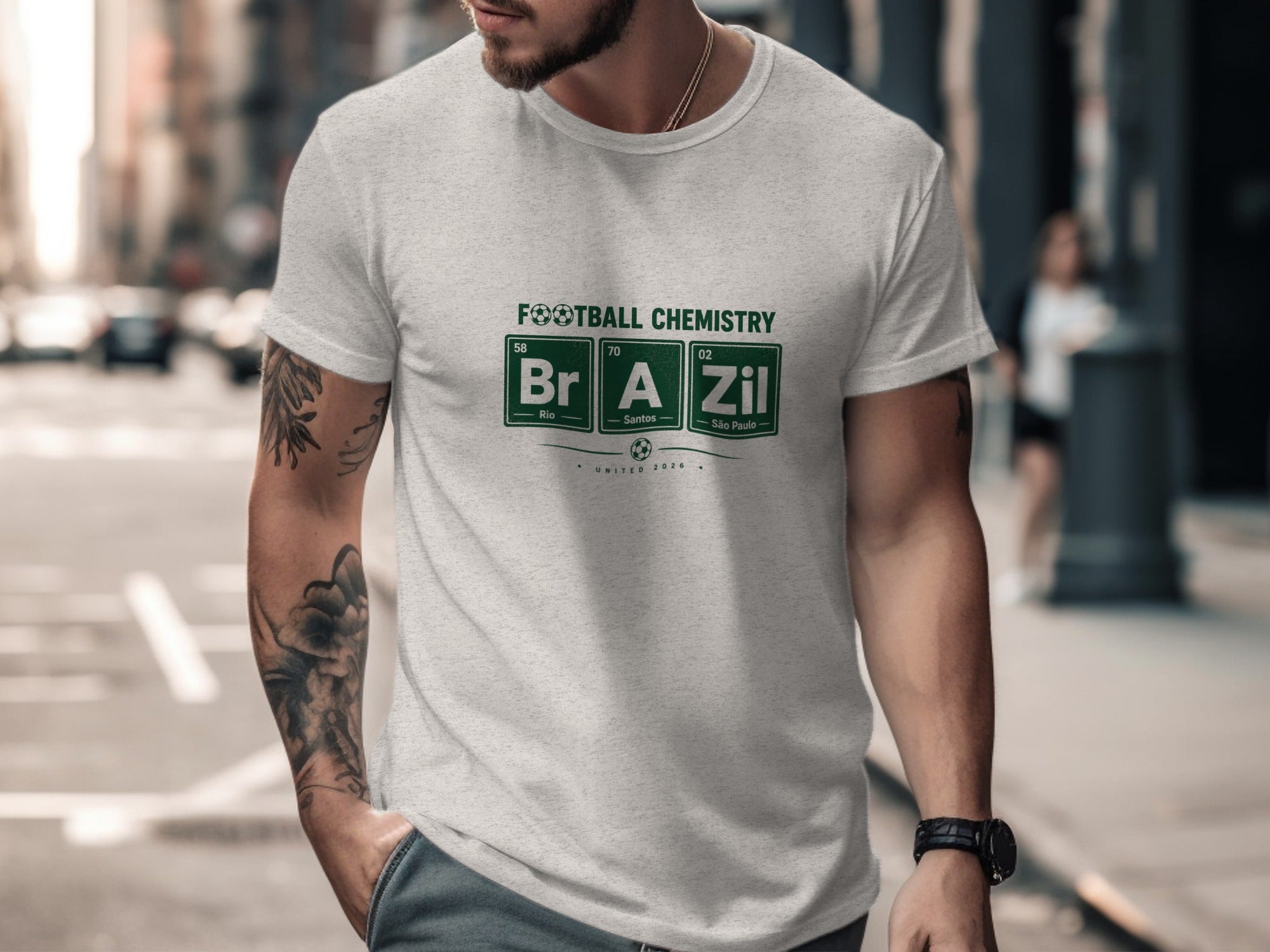White t-shirt with "Football Chemistry" design featuring "Rio" and "São Paulo".