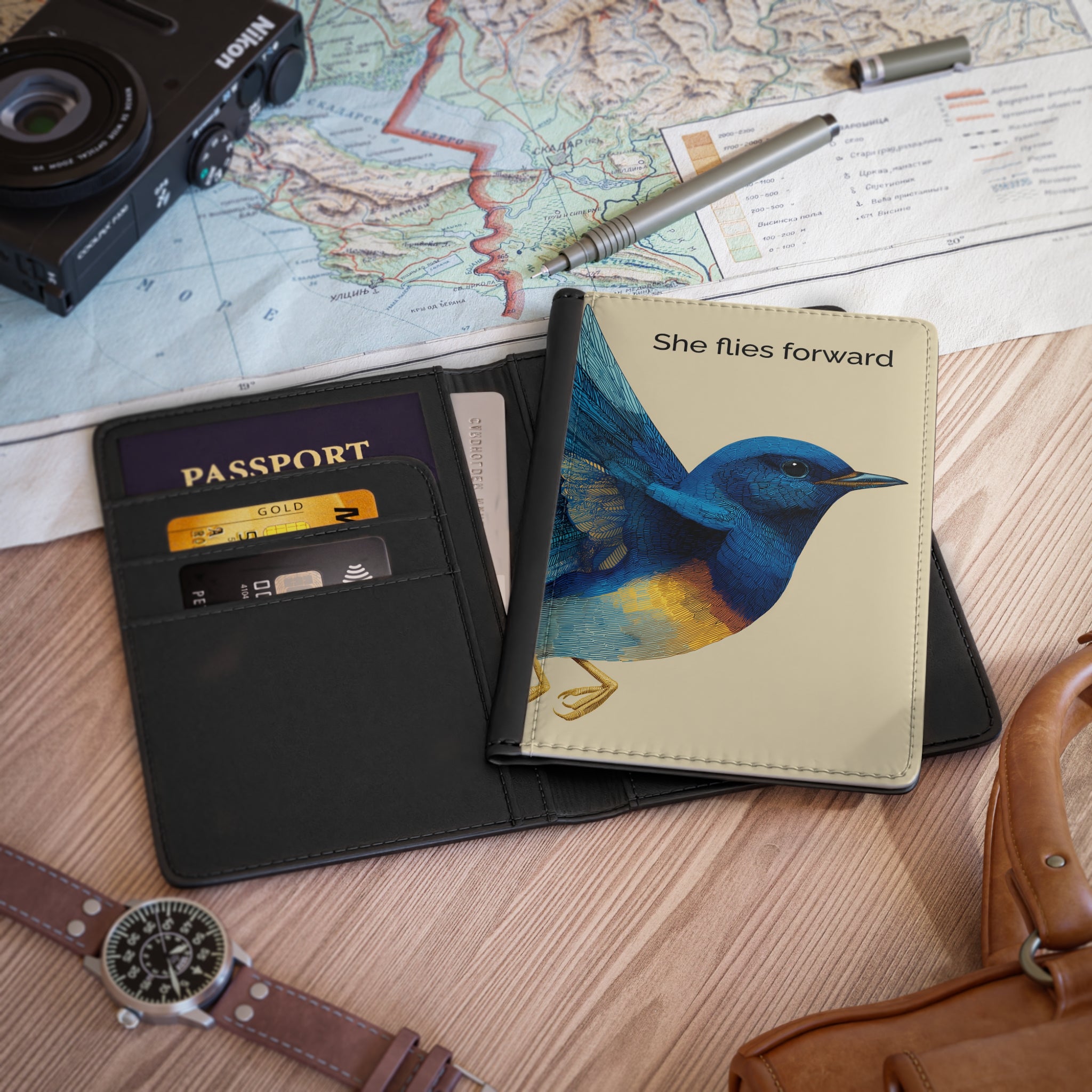 She Flies Forward Passport Holder | Motivational Graphic Deep Horizon Botanical Bird