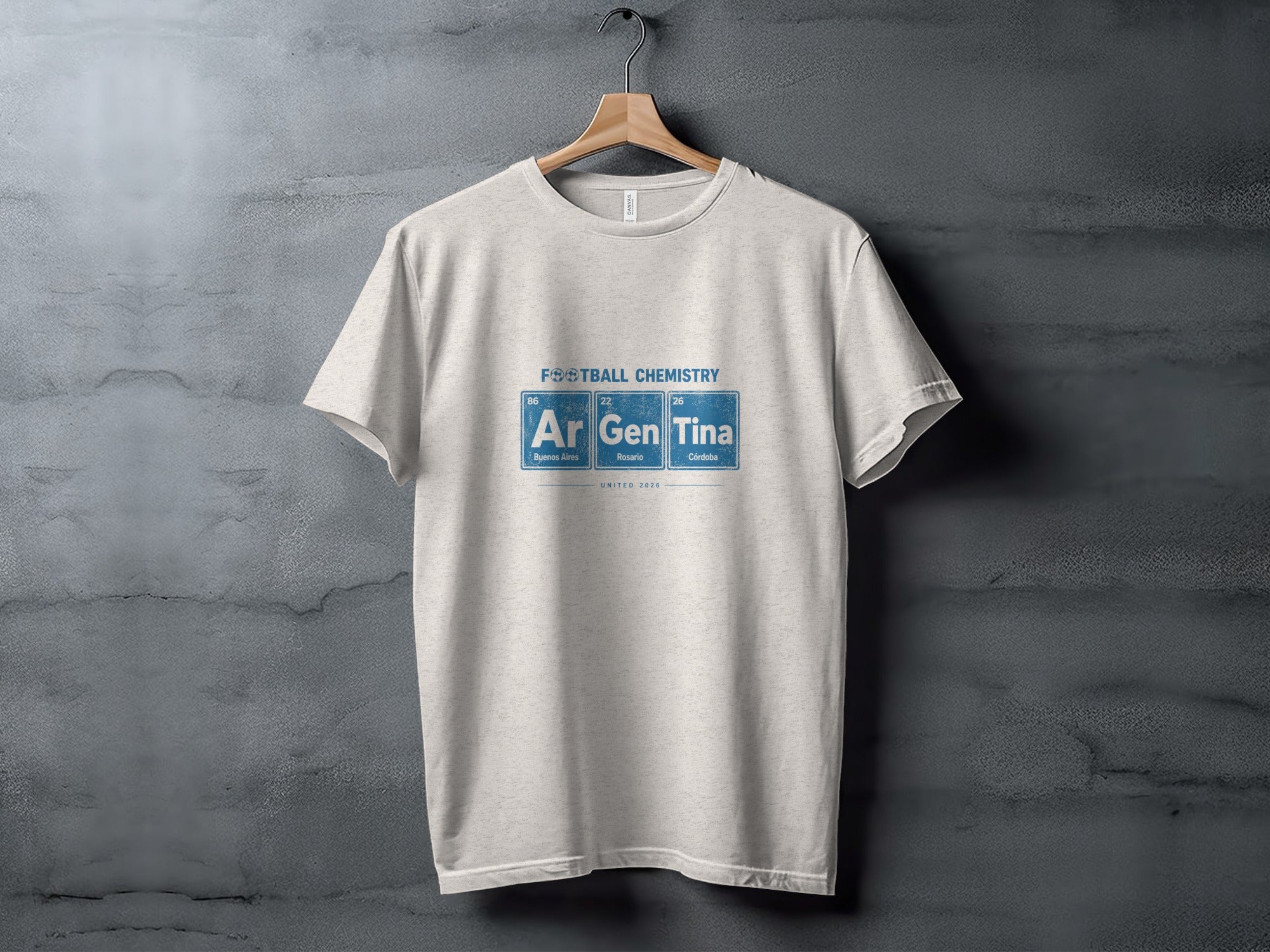 Light gray t-shirt with "FOOTBALL CHEMISTRY" and "Argentina" in periodic table style.