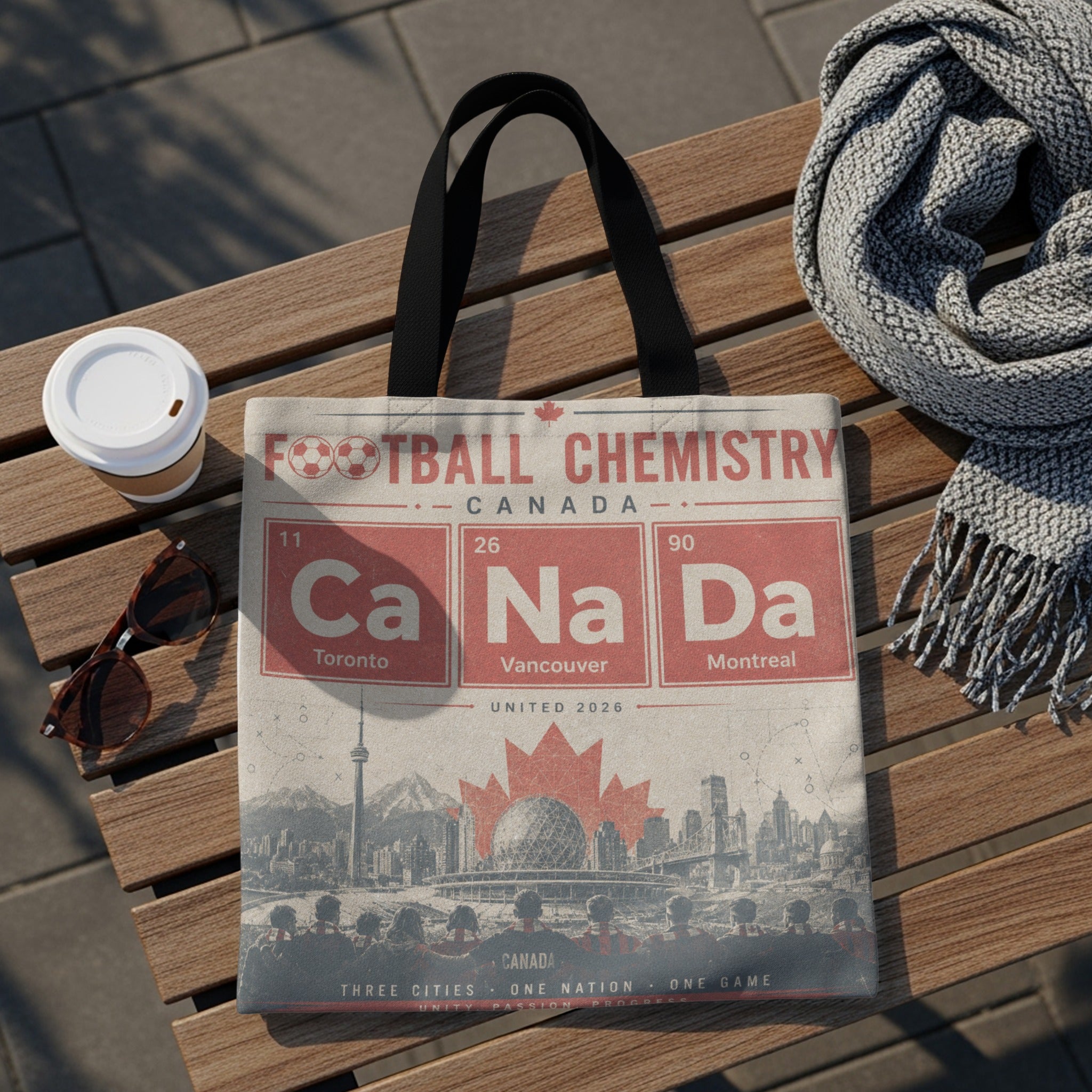 Tote bag with "Football Chemistry Canada" text, periodic table elements, and city names.