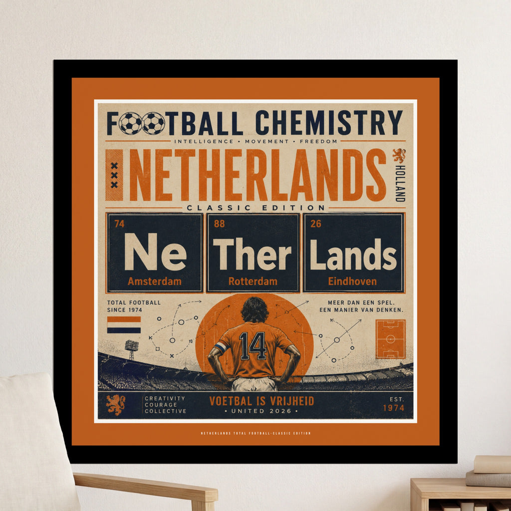Netherlands "Football Chemistry" periodic table art with a soccer player.