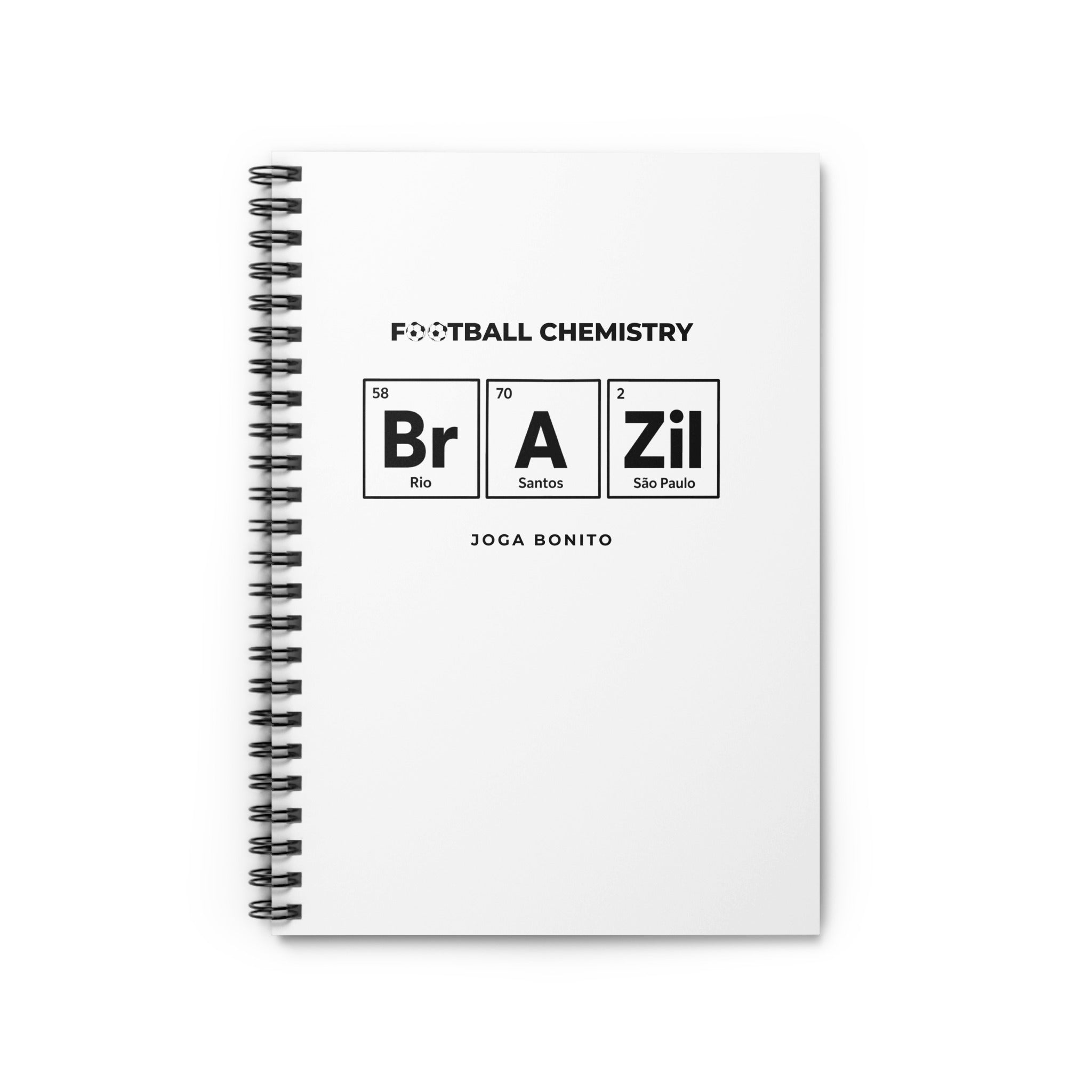 Notebook with "Football Chemistry" and "Joga Bonito" text, featuring Rio, Santos, São Paulo.