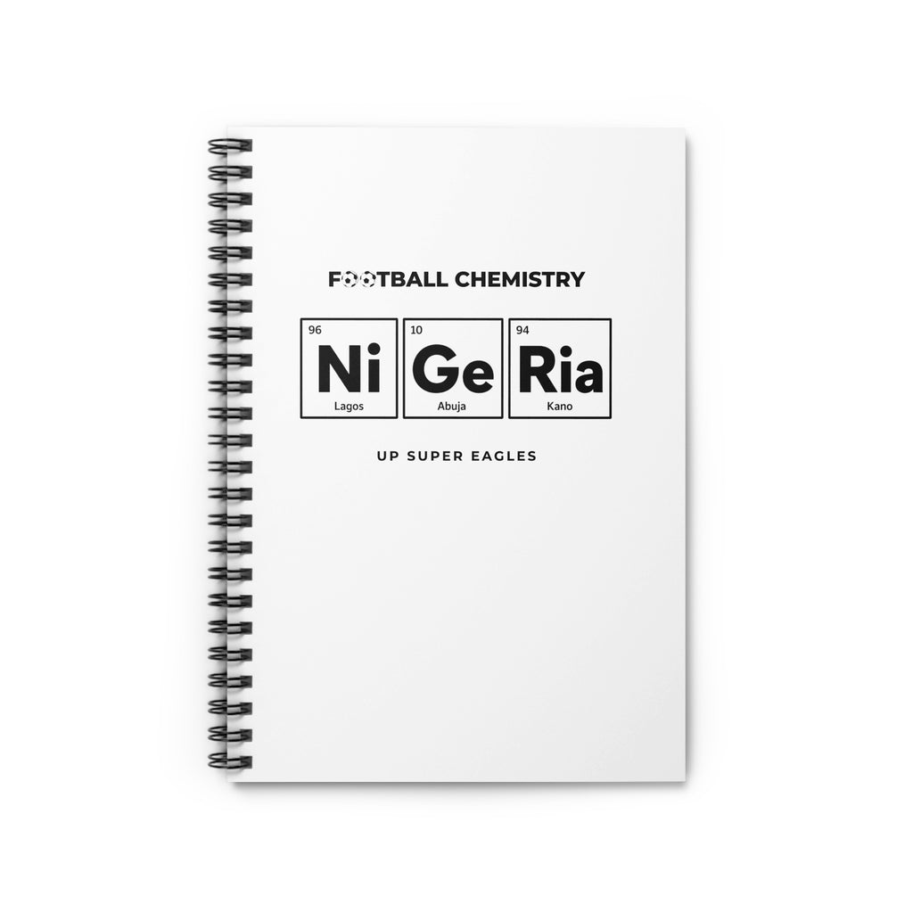 Spiral notebook cover with "Football Chemistry" and "Ni Ge Ria" in periodic table style.