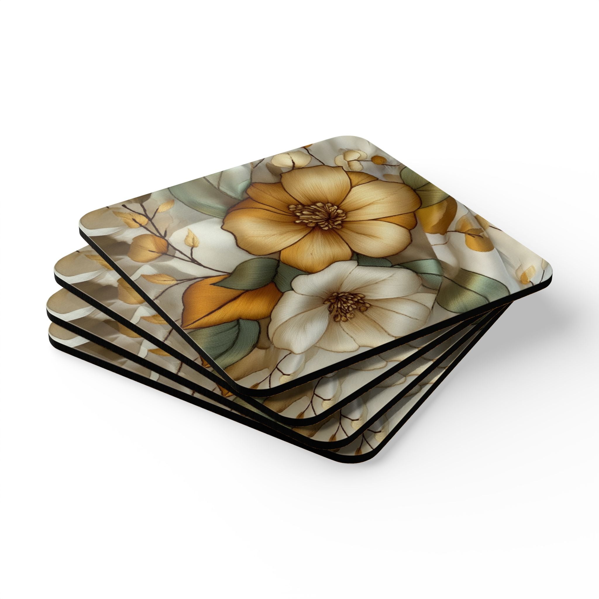 Golden Bloom Cork Coasters - 3D Embroidery-Style Botanical Coasters motivational design