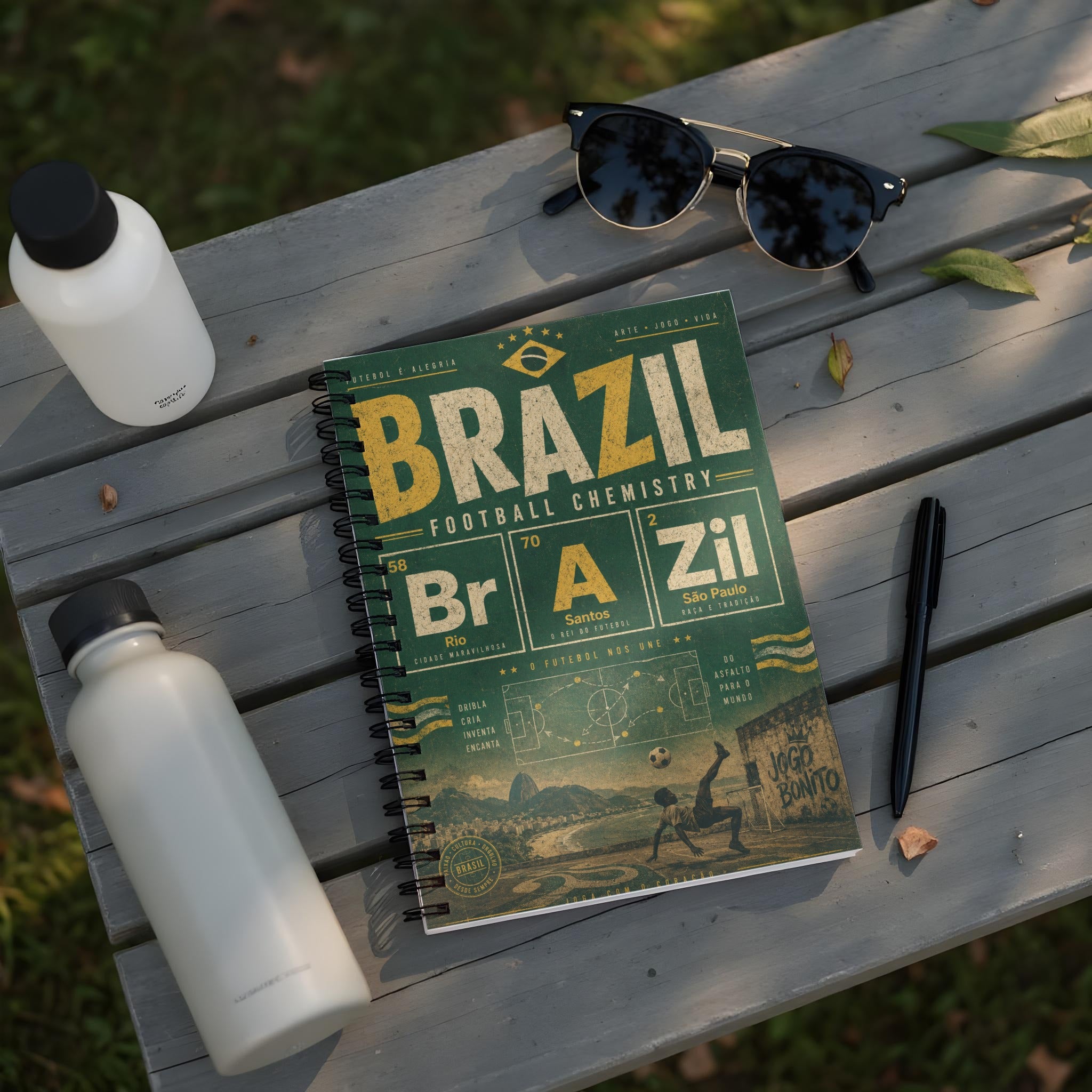 Football Chemistry Brazil notebook with Rio, Santos, and São Paulo football themes.