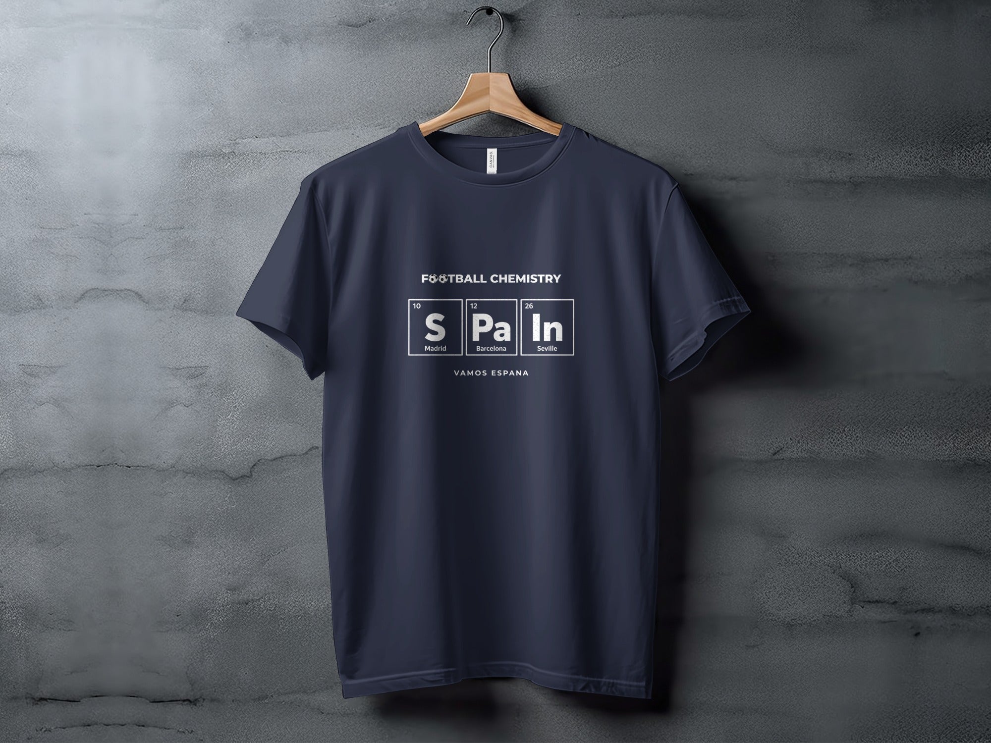 Navy t-shirt with "FOOTBALL CHEMISTRY" and periodic table element style text "S Pa In".